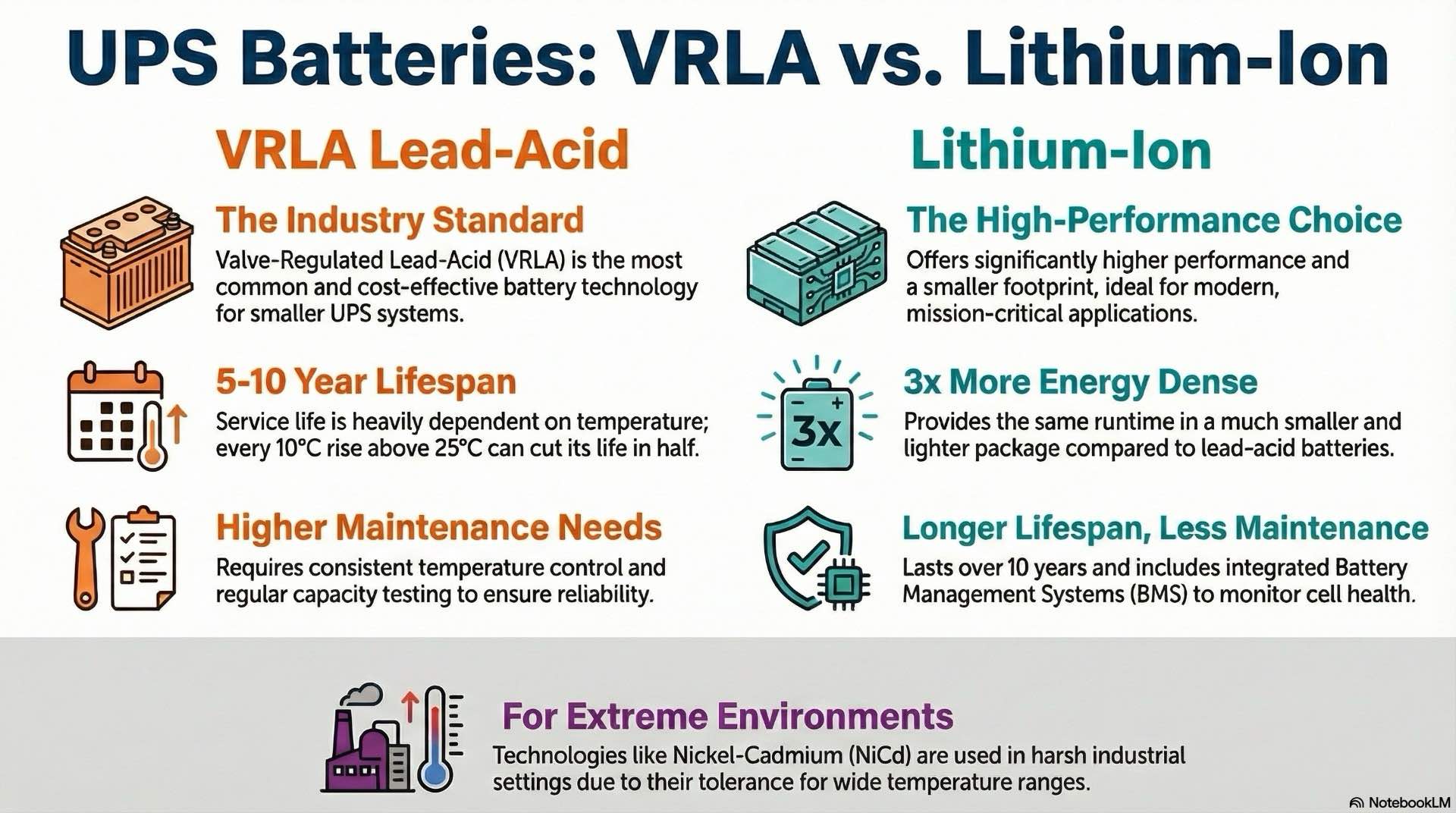 Battery technologies for UPS systems compares VRLA, lithium-ion, and other chemistries to balance runtime, lifecycle cost, safety, and performance.