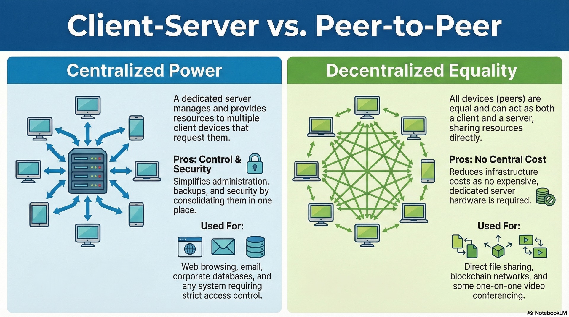 A clear explanation of two foundational network basics models, showing how devices interact and share resources in different communication architectures.