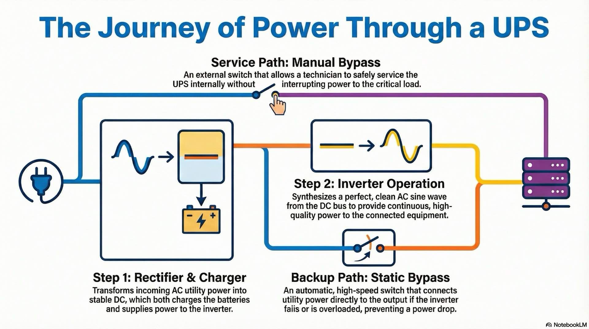 Core UPS components and power path explain how rectifiers, inverters, batteries, and static switches work together to deliver clean, uninterruptible power.