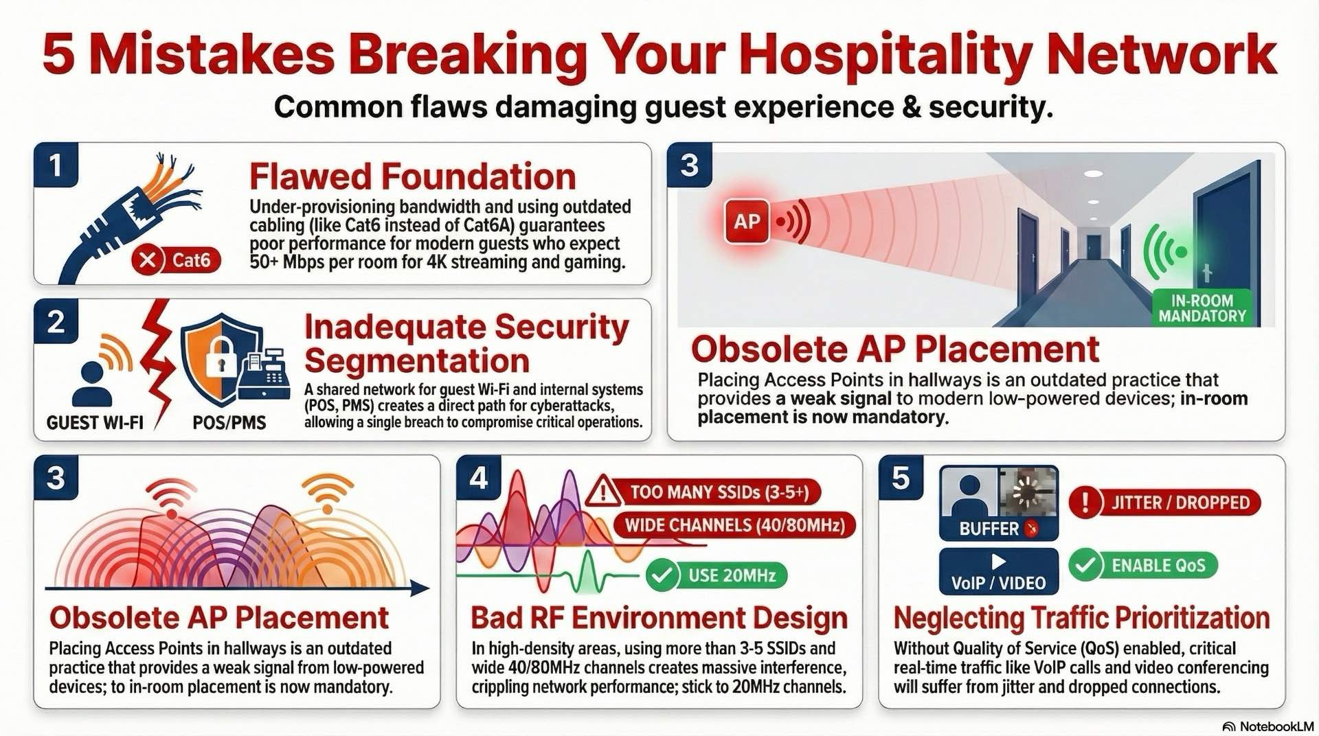 Design mistakes that break hospitality networks highlights common planning, cabling, and configuration errors that weaken performance, security, and guest WiFi reliability.