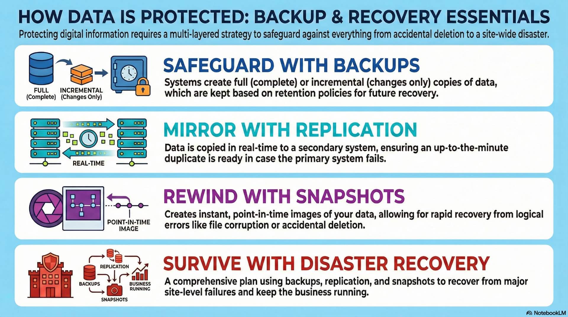 Data protection and backup systems preserve data integrity through backup, replication, snapshot, and recovery mechanisms.