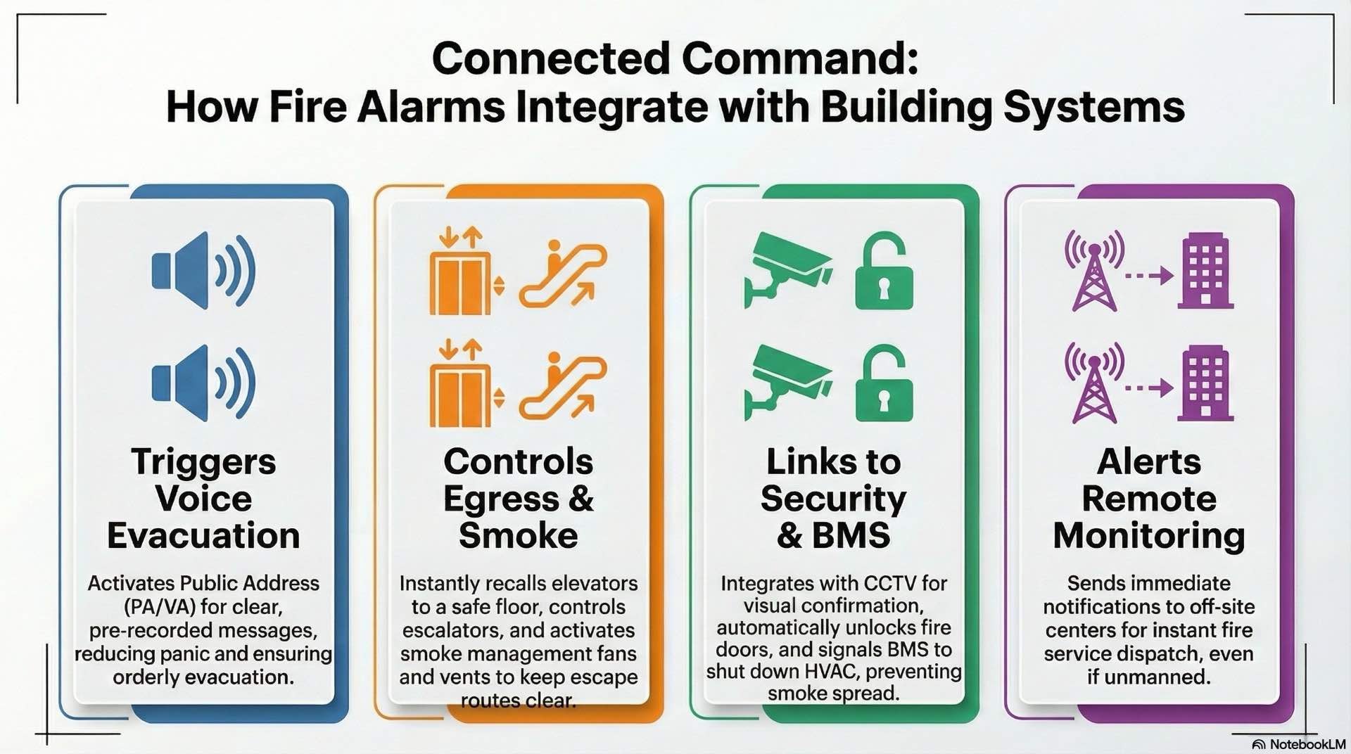 Describes how fire alarm networks link with voice, HVAC and security systems in a retail complex to coordinate safe emergency response.