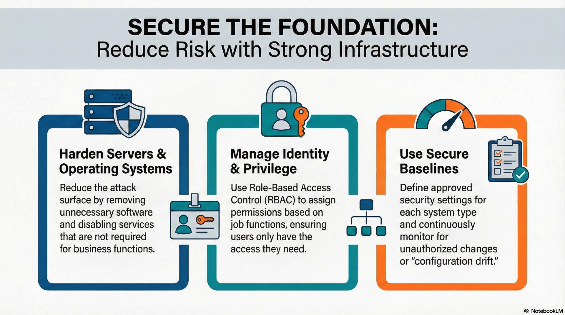 How Infrastructure and System Security Reduce Risk Infrastructure and system security harden servers and operating systems using identity controls, configuration baselines, and privilege management.