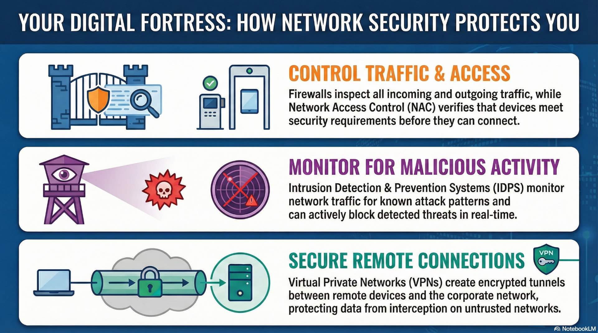 How Network Security Protects Systems and Data Network security uses firewall controls, access management, and traffic inspection to protect network communication and reduce exposure to cyber threats.