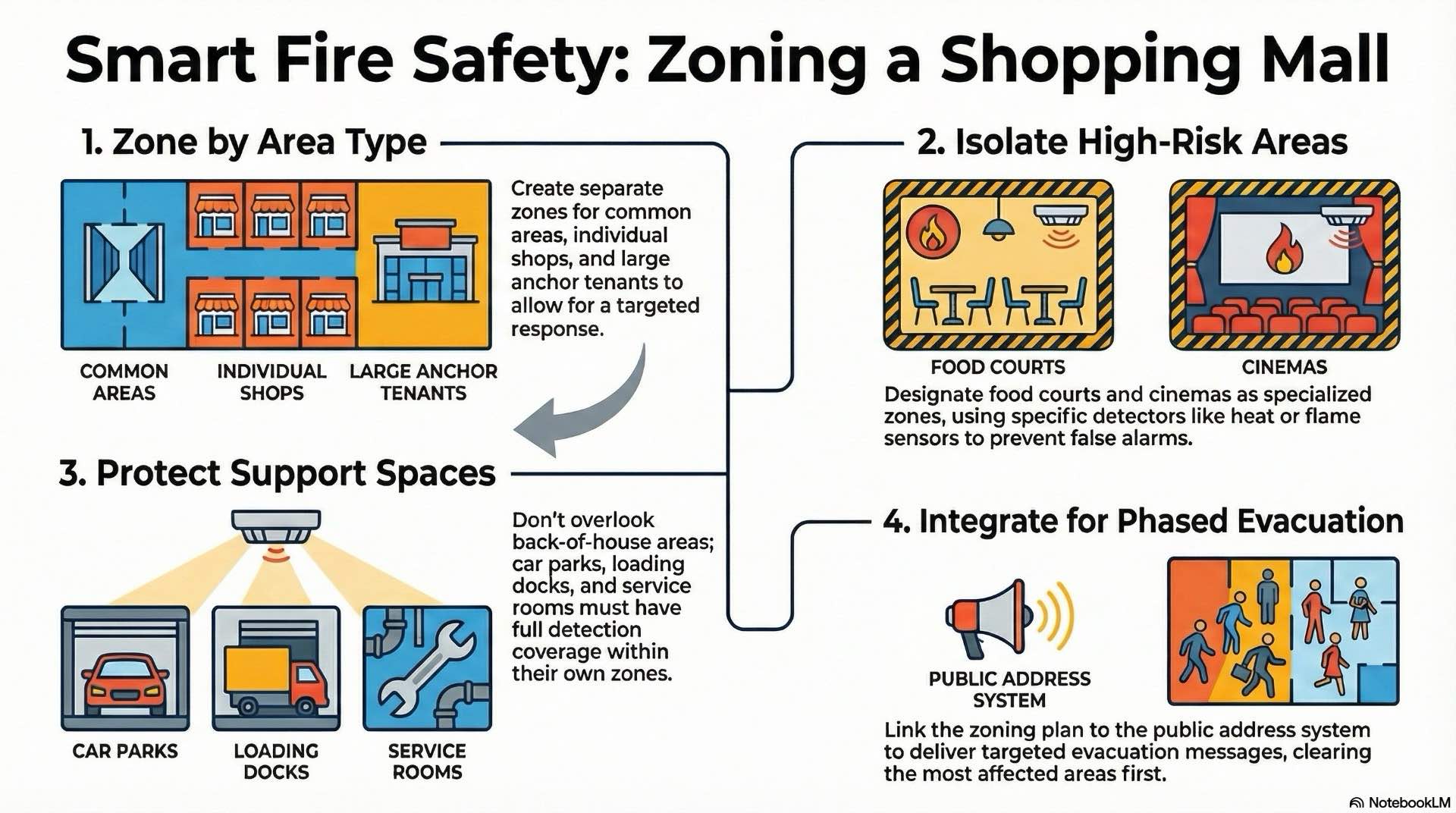 Shows how to plan fire detection zones in every shopping mall area so alarms support clear evacuation and overall life safety.