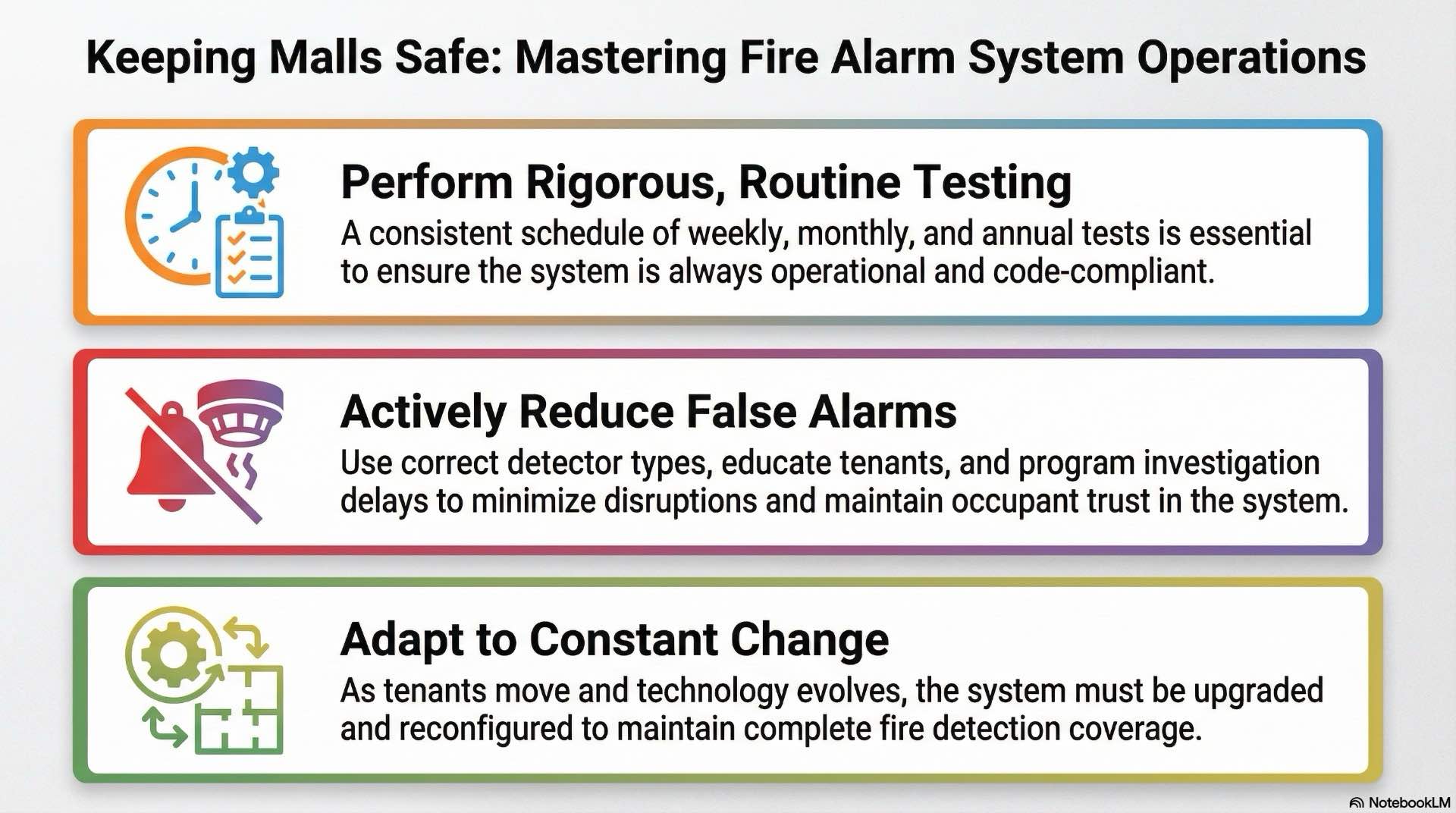 Covers testing, maintenance and upgrades that keep fire alarm and fire detection performance strong for long term life safety in shopping malls.