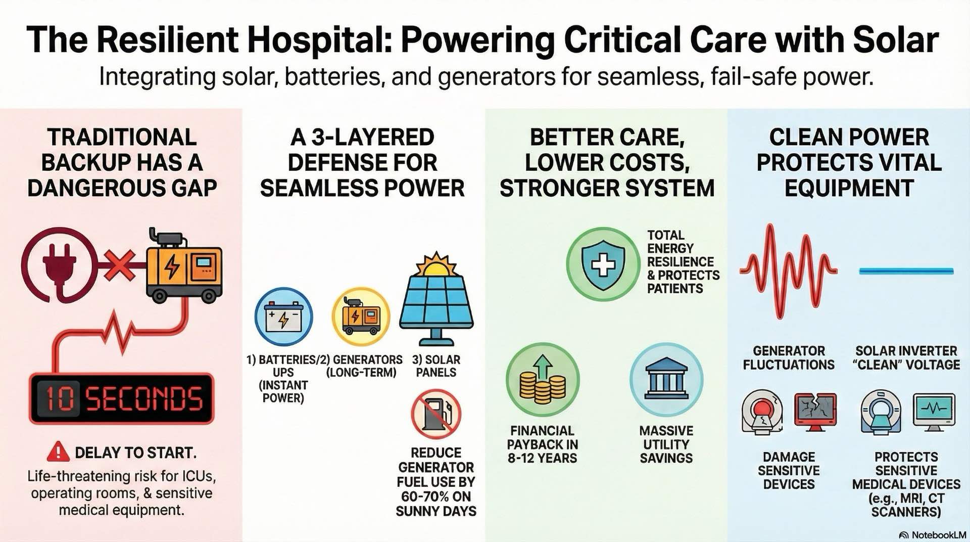 Integrating solar energy with hospital generators, UPS systems and transfer switches creates layered backup power that supports essential healthcare services during grid outages.