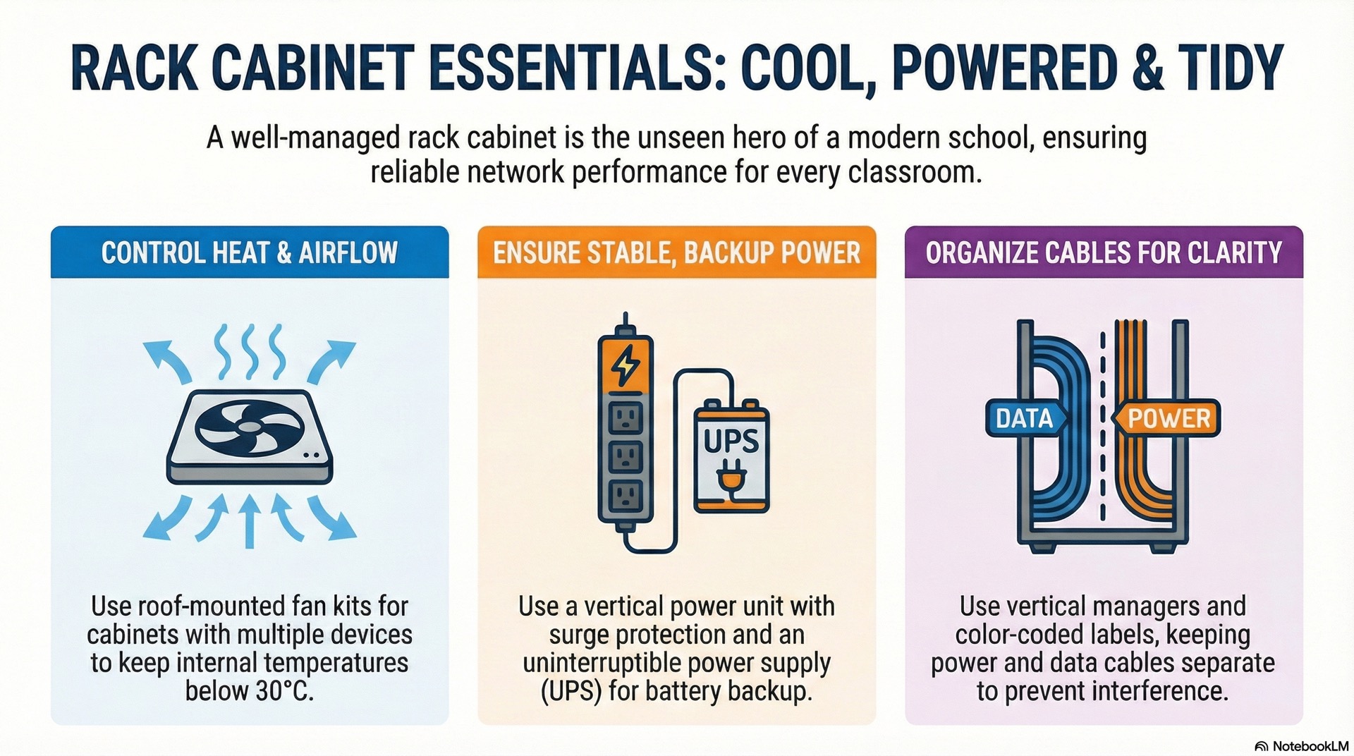 Keeping rack cabinets cool, well-powered and neatly cabled reduces outages, makes troubleshooting faster and keeps classroom and corridor spaces more comfortable.