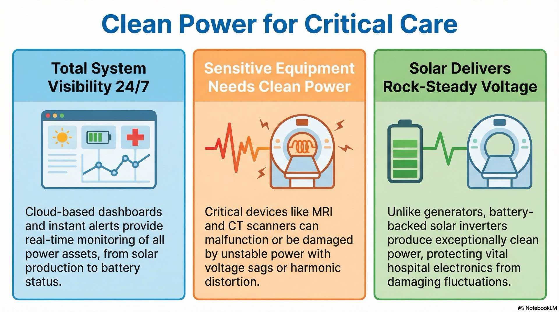 Continuous monitoring of hospital solar assets and power quality protects sensitive medical equipment and strengthens overall energy resilience in clinical areas.