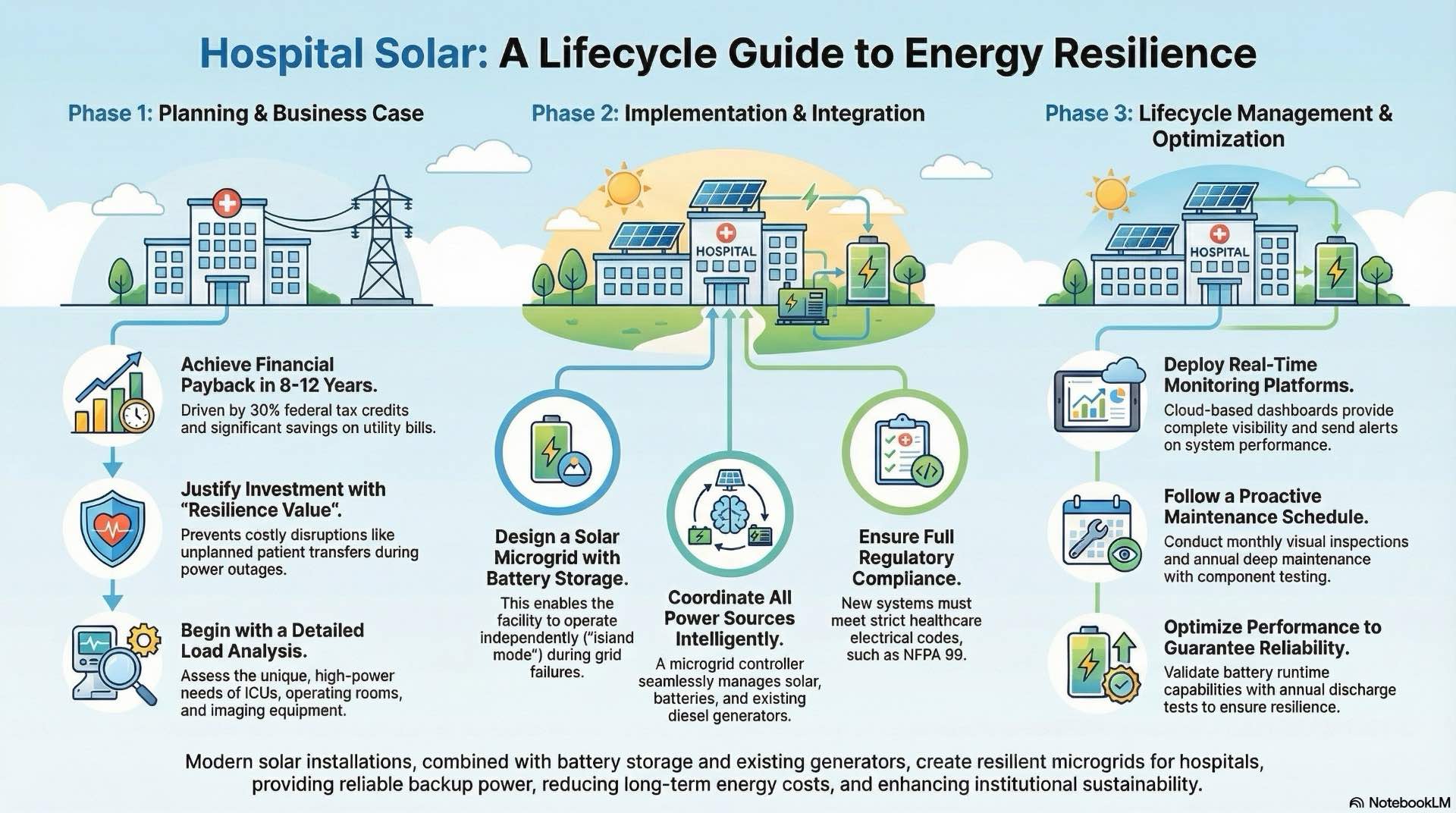 Strategic planning and lifecycle management of hospital solar investments help healthcare operators improve energy resilience and optimize long-term backup power costs.