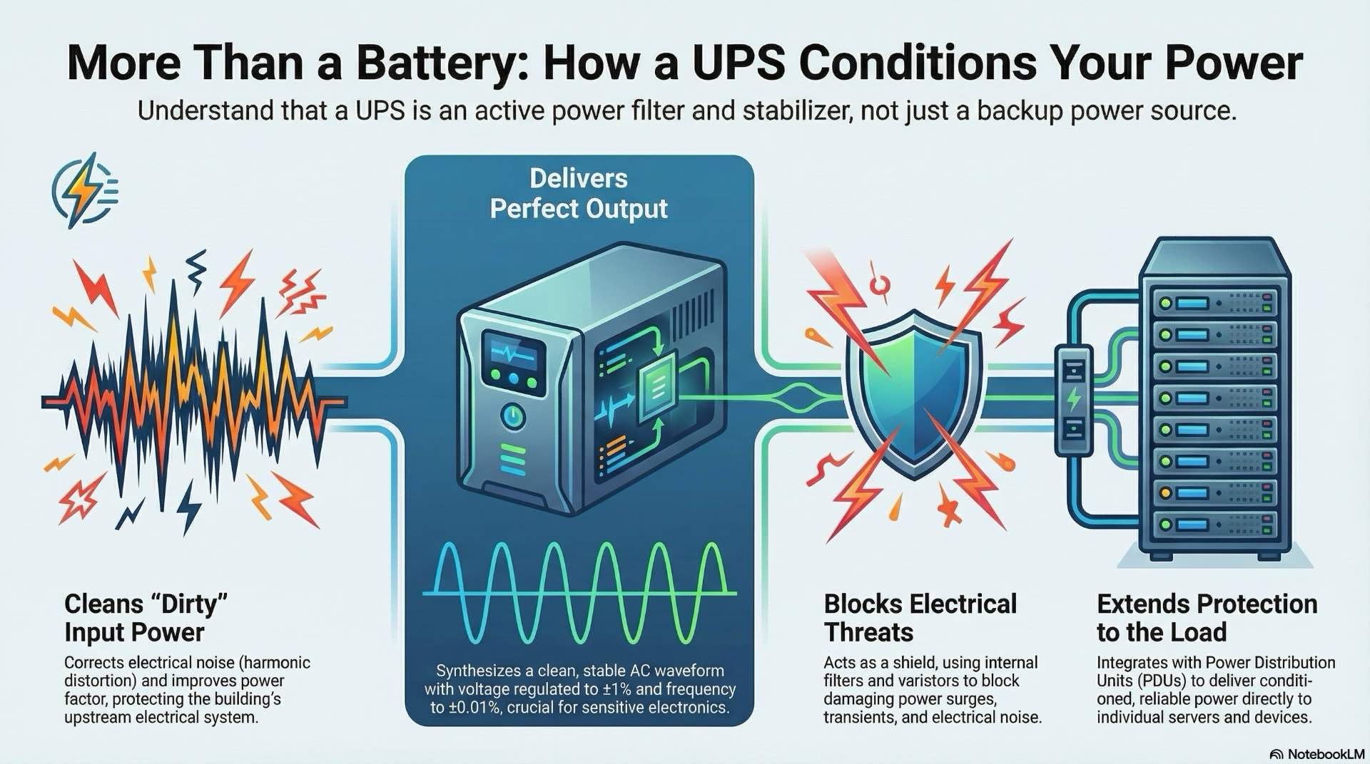 Power Distribution and Conditioning with UPS Systems covers how UPS units stabilize voltage, filter disturbances, and safely route power to critical loads.