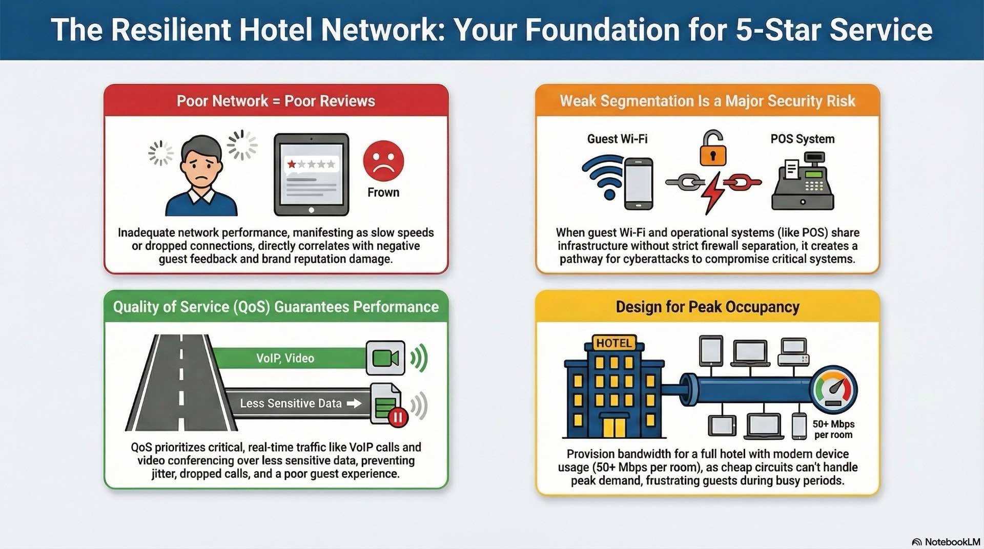 Resilience, QoS, and service reliability in hospitality networks explains how robust design and traffic prioritization keep guest connectivity stable under load.