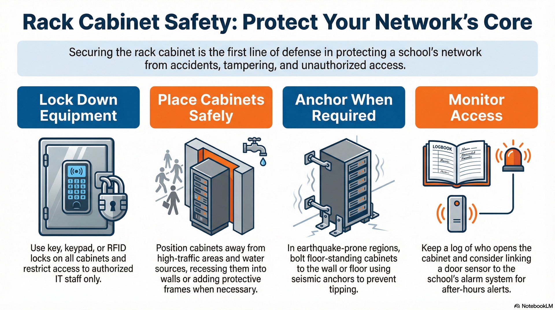 Simple safety and security measures around rack cabinets limit who can touch the equipment, protect students in busy areas and reduce the risk of accidental damage.