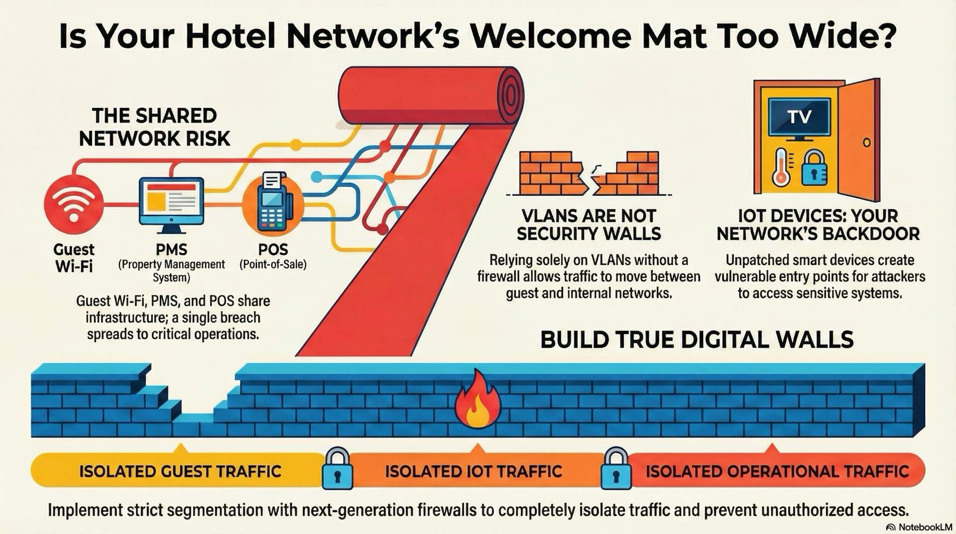 Segmentation and security gaps in hospitality networks complicate WiFi troubleshooting and allow guest, staff, and IoT traffic to mix, increasing security risk.