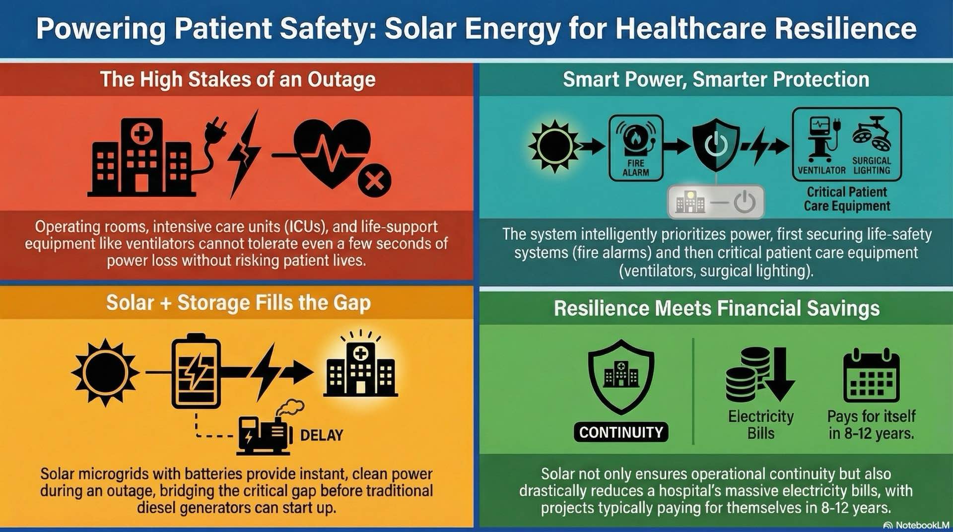 Solar energy helps hospital and healthcare facilities improve energy resilience by supporting critical services with cleaner, more stable power.