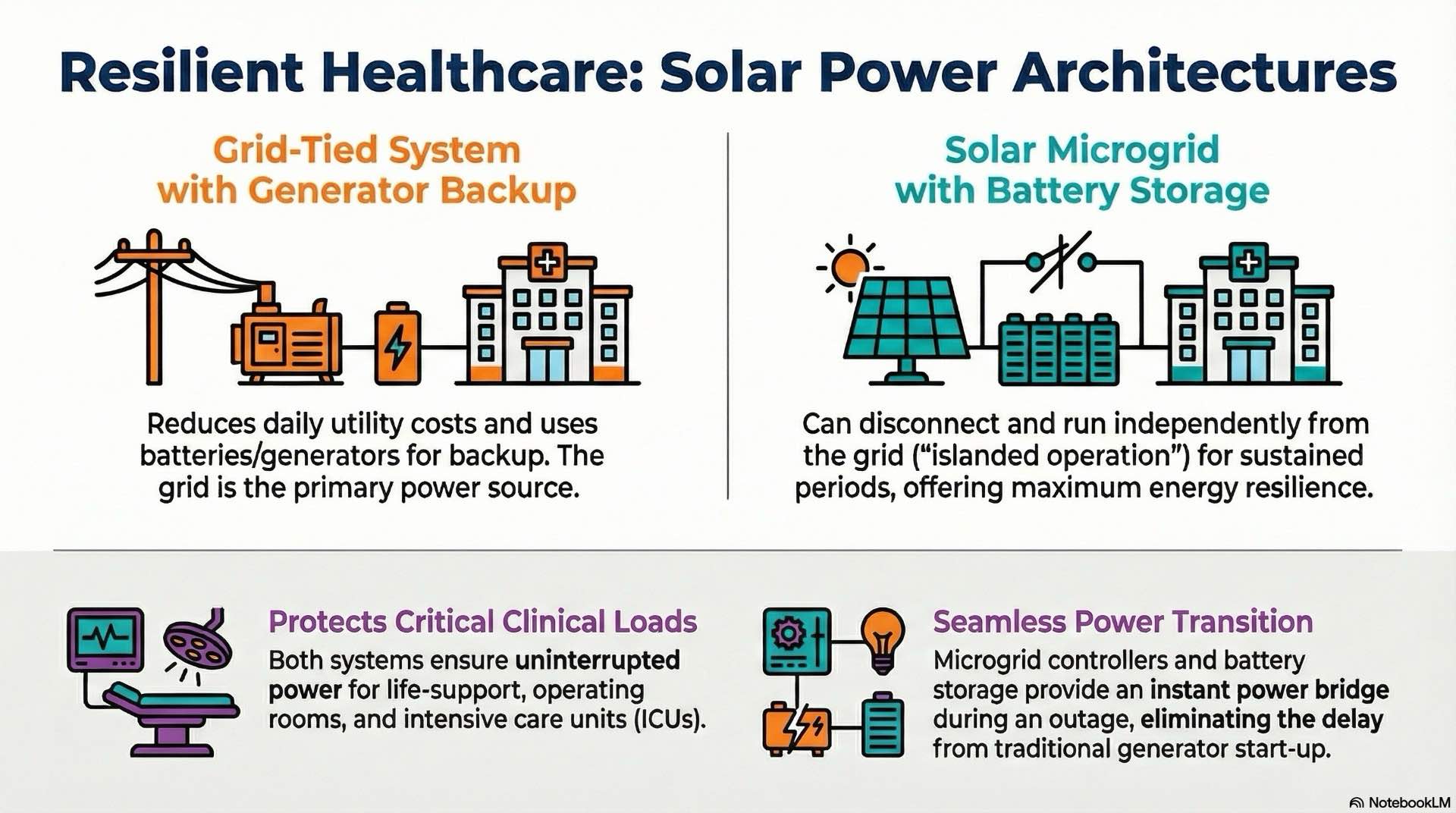 Solar energy system architectures tailored to healthcare campuses combine rooftop and ground-mounted arrays with secure backup power paths for critical hospital buildings.
