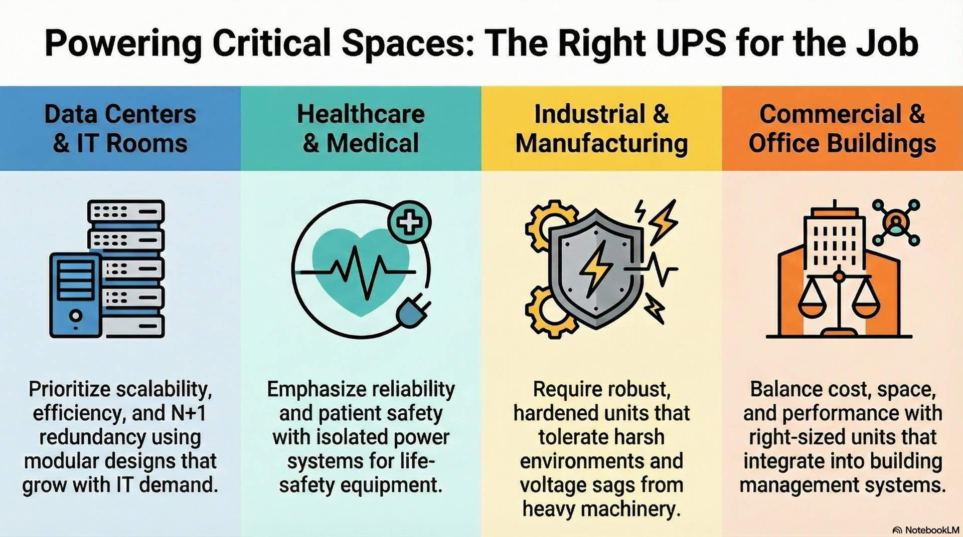 UPS application segments and design scenarios outlines how UPS designs are tailored to data centers, industry, healthcare, and other critical facilities.