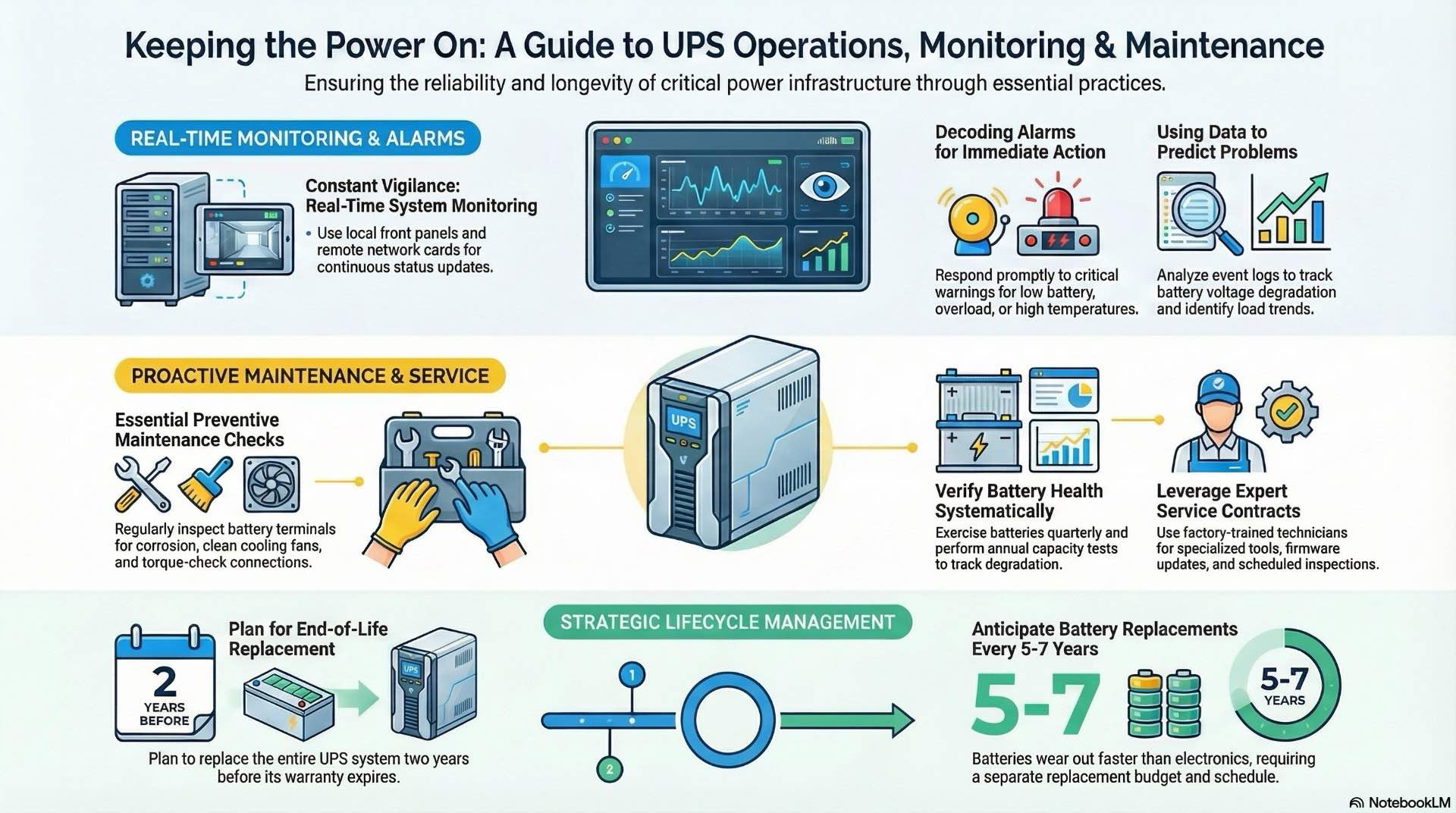 UPS system operations, monitoring, and UPS maintenance ensure continuous protection by supervising performance, detecting faults early, and planning service before failures.