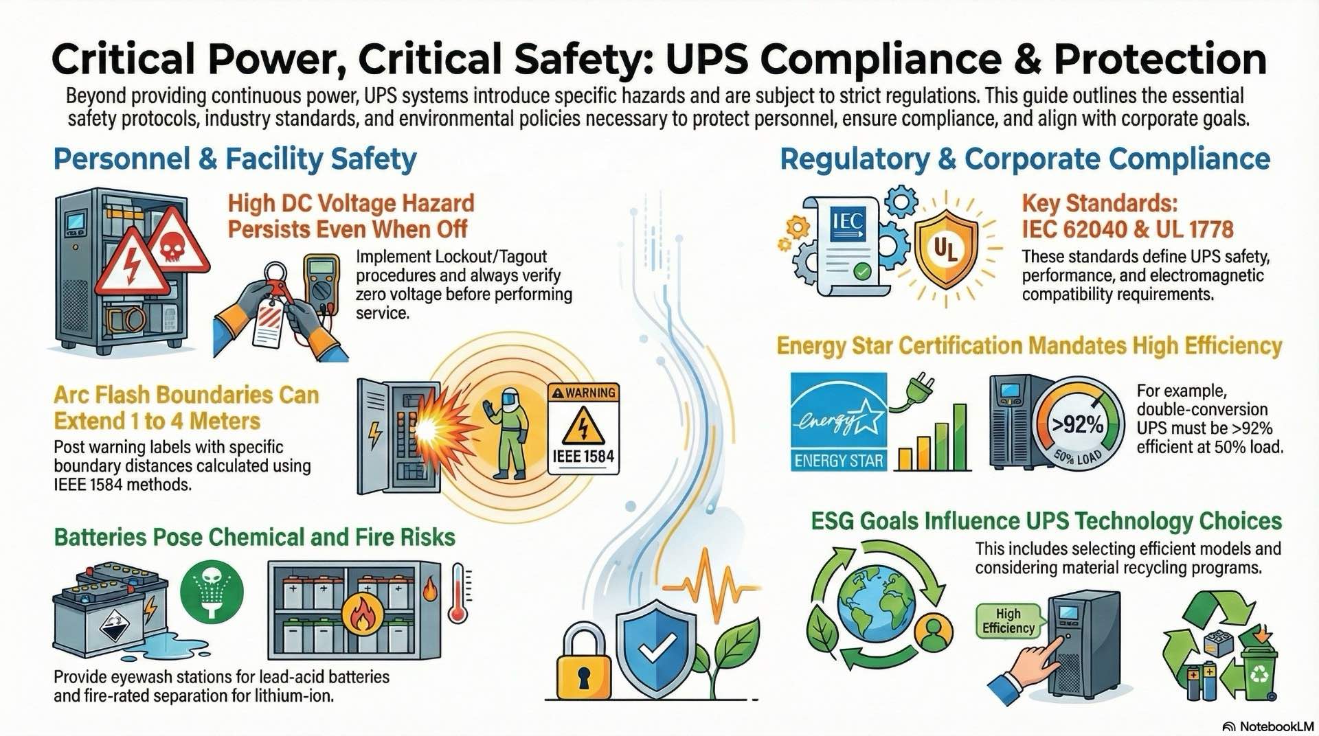 UPS safety, policy, and compliance defines procedures and standards that keep UPS systems, personnel, and critical loads protected and aligned with regulations.