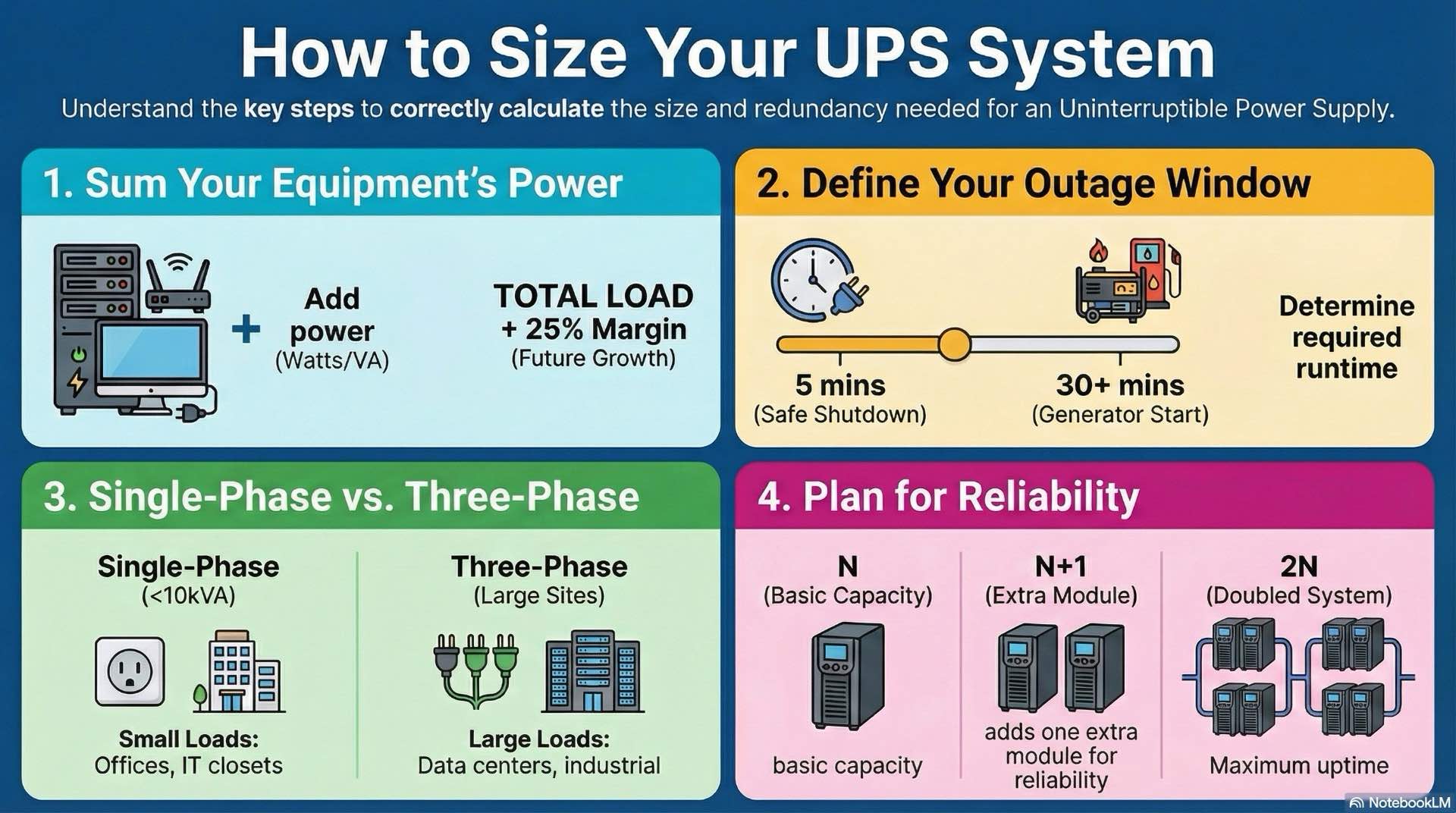 UPS system sizing and load calculations define how to match UPS capacity, runtime, and redundancy to current and future critical load requirements.