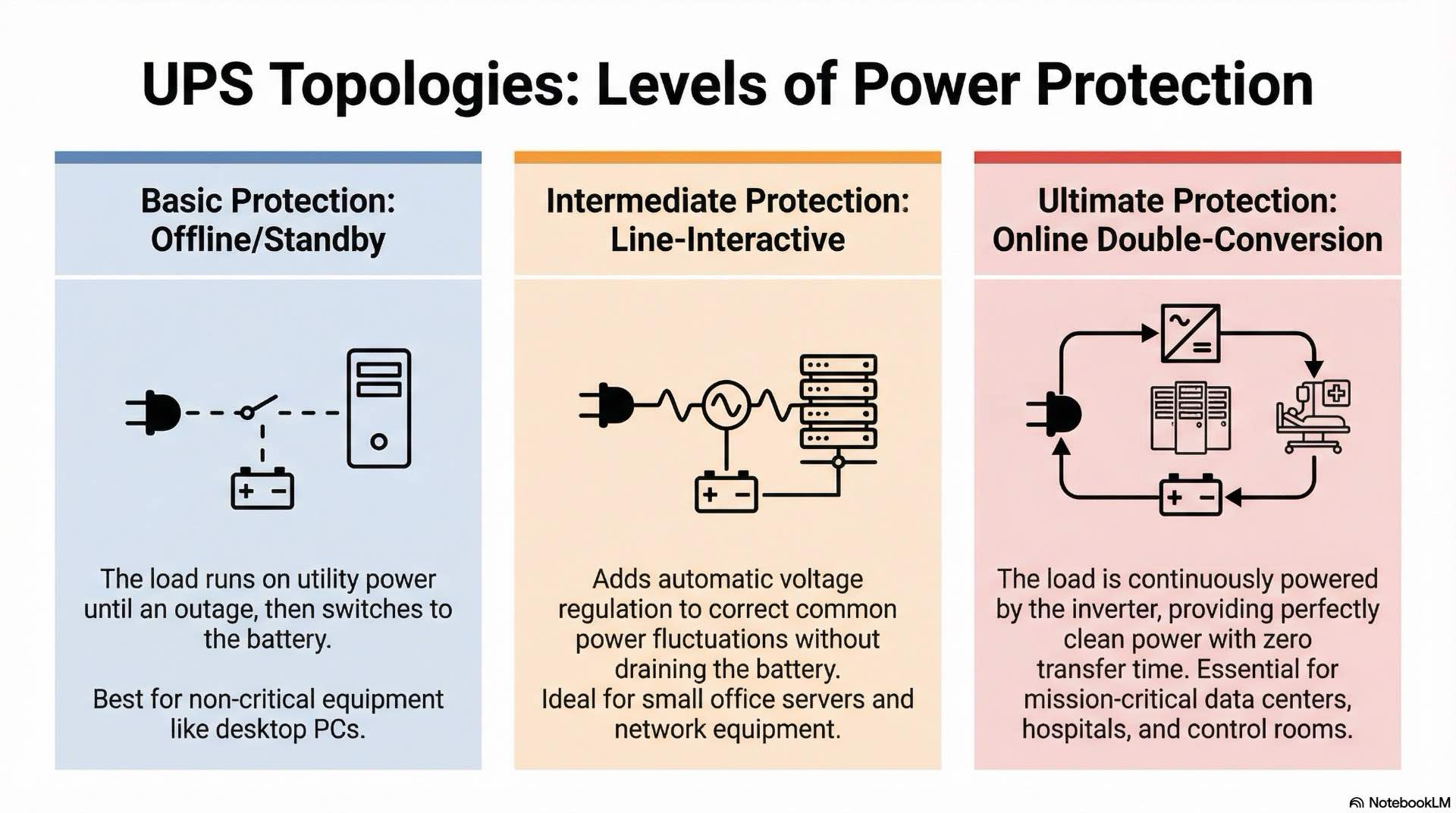 UPS topologies and power protection levels clarify how offline, line-interactive, and online UPS designs match different risk profiles and critical power needs.