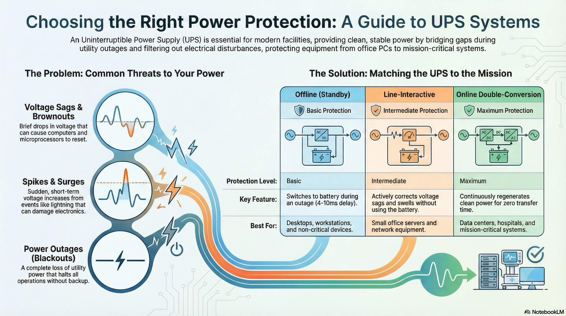 Understanding UPS System Fundamentals introduces how modern UPS devices manage backup power, batteries, and power conversion to protect critical equipment.