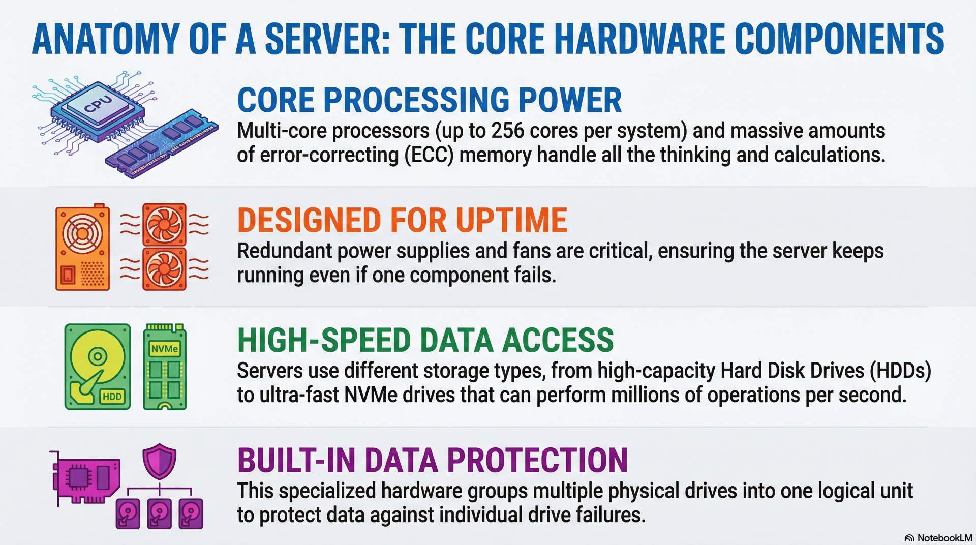 Server hardware components include processors, memory, system boards, power supplies, and cooling systems that enable compute and network operations.