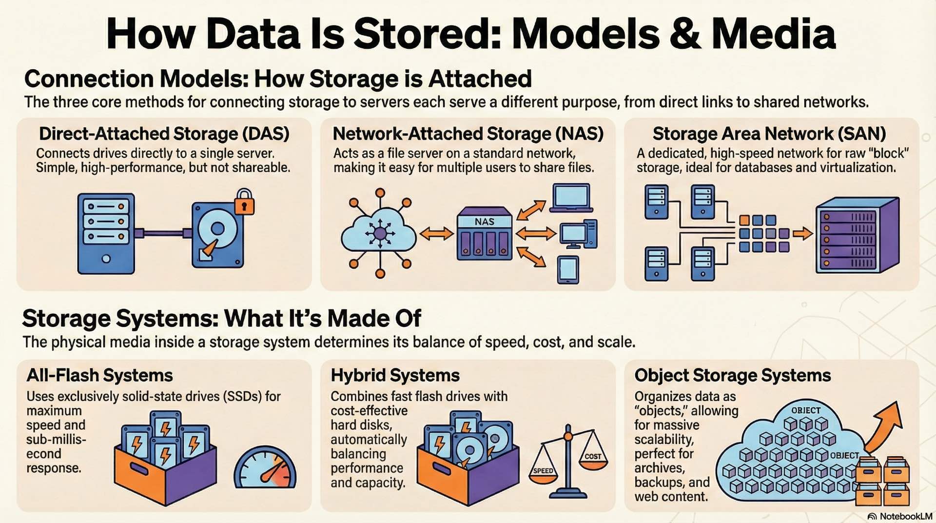 Storage technologies define how data is stored, accessed, and protected using block, file, and object storage models.