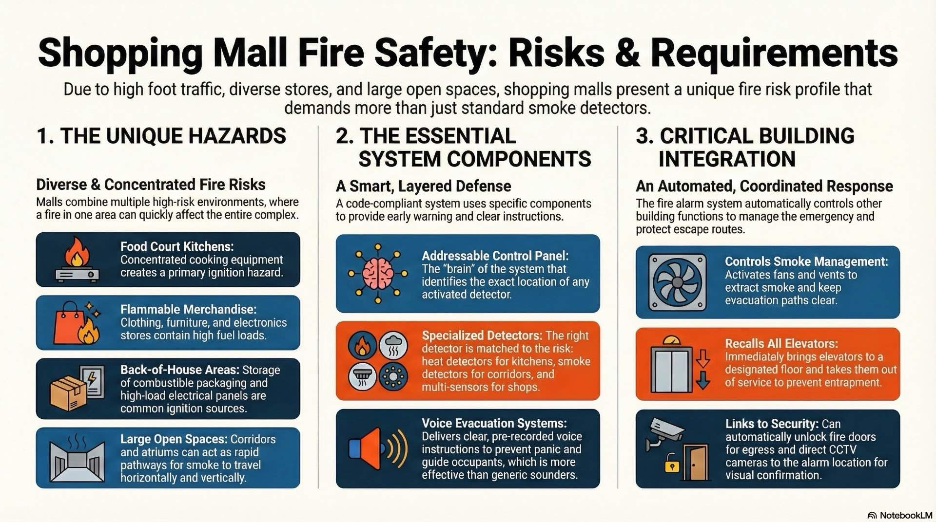 Covers key fire alarm risks in any shopping mall or retail complex and the code requirements that protect people and property.