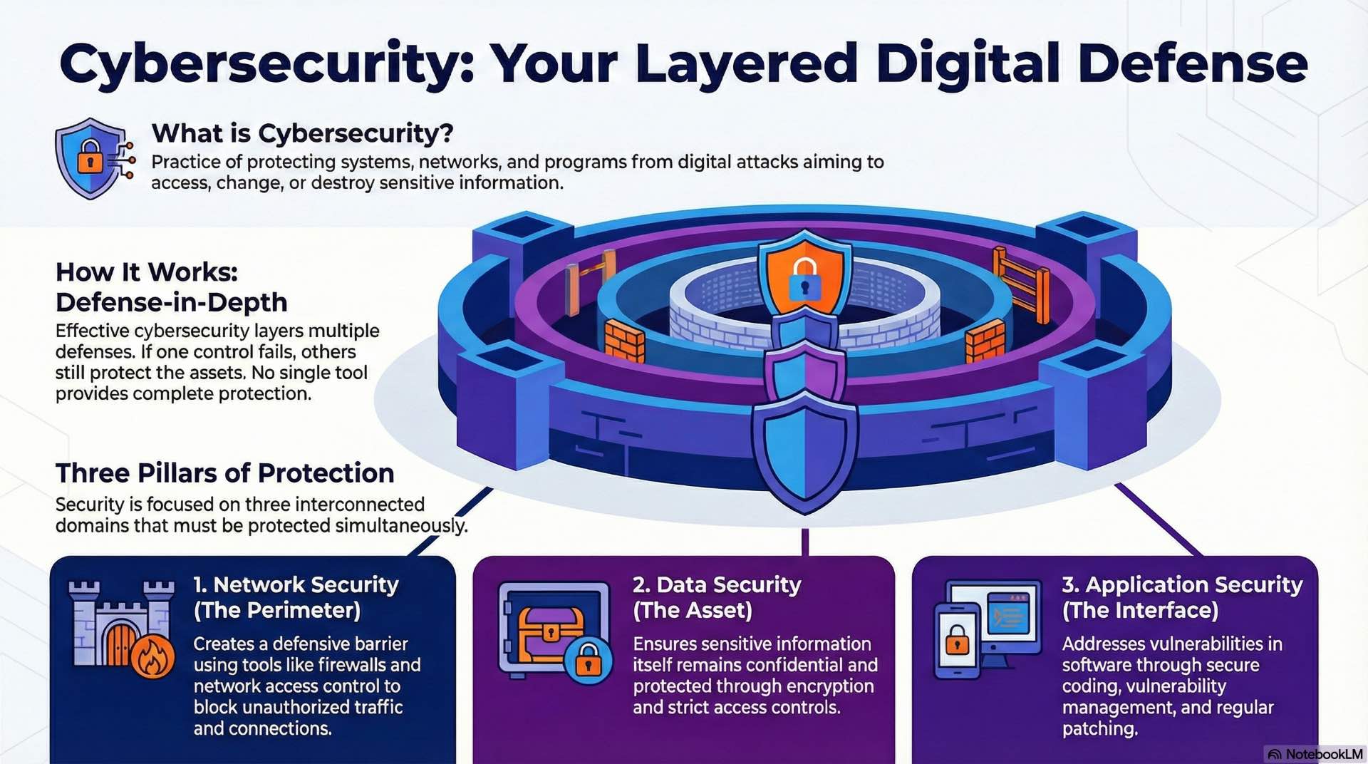 What Is Cybersecurity and How Does It Work Cybersecurity protects network, data, and application environments by applying layered protection controls to prevent unauthorized access, misuse, and system disruption.