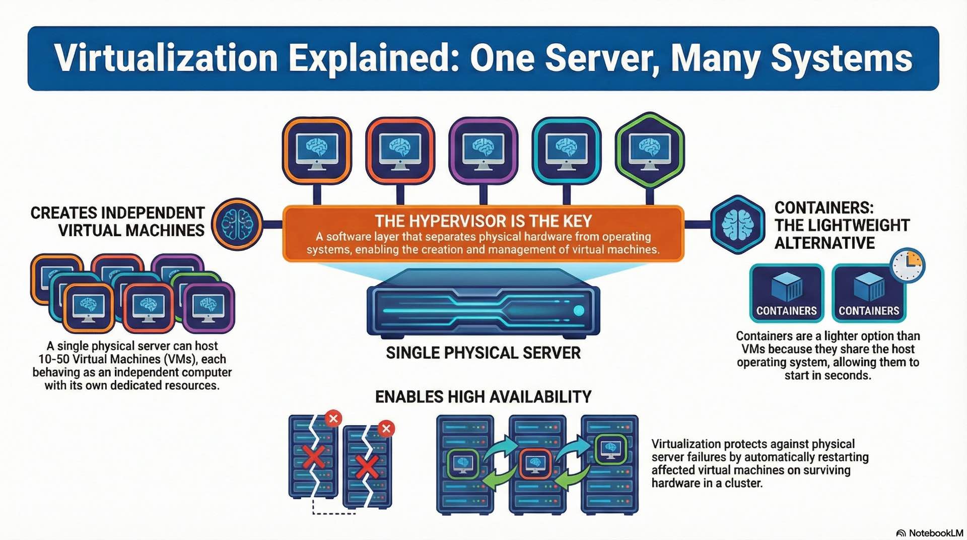 Virtualization abstracts physical compute resources into virtual machines and containers to improve utilization, scalability, and availability.