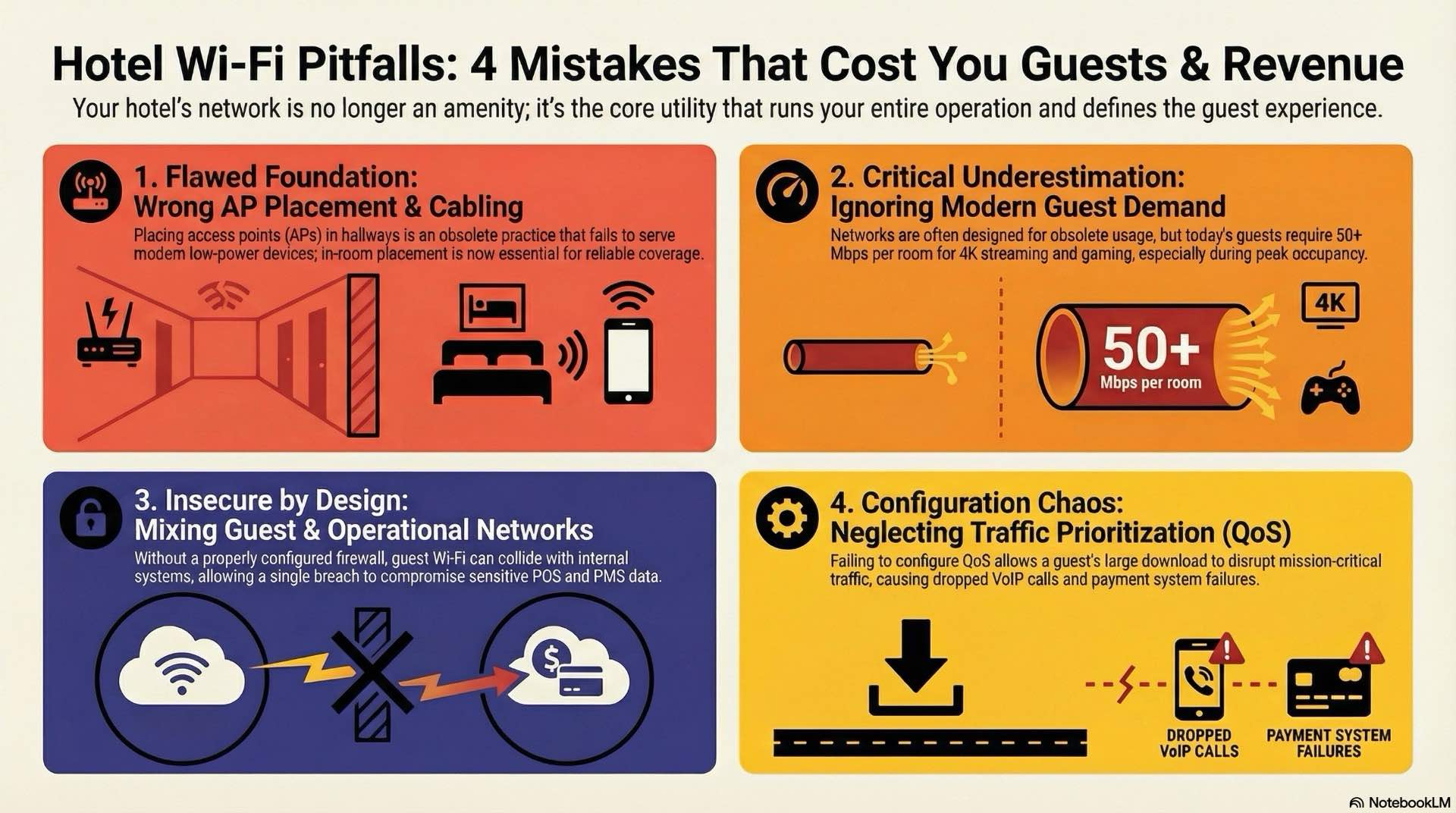 WiFi and RF planning pitfalls in hotel networks reveals coverage, interference, and capacity mistakes that create dead zones and poor guest experiences.