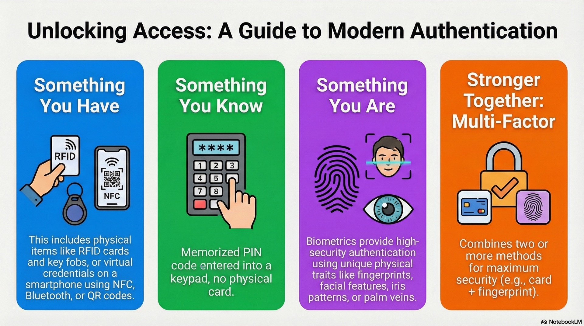 Cards, PINs, biometrics and mobile IDs as access control credentials, and how authentication decisions are made before a door is allowed to unlock.