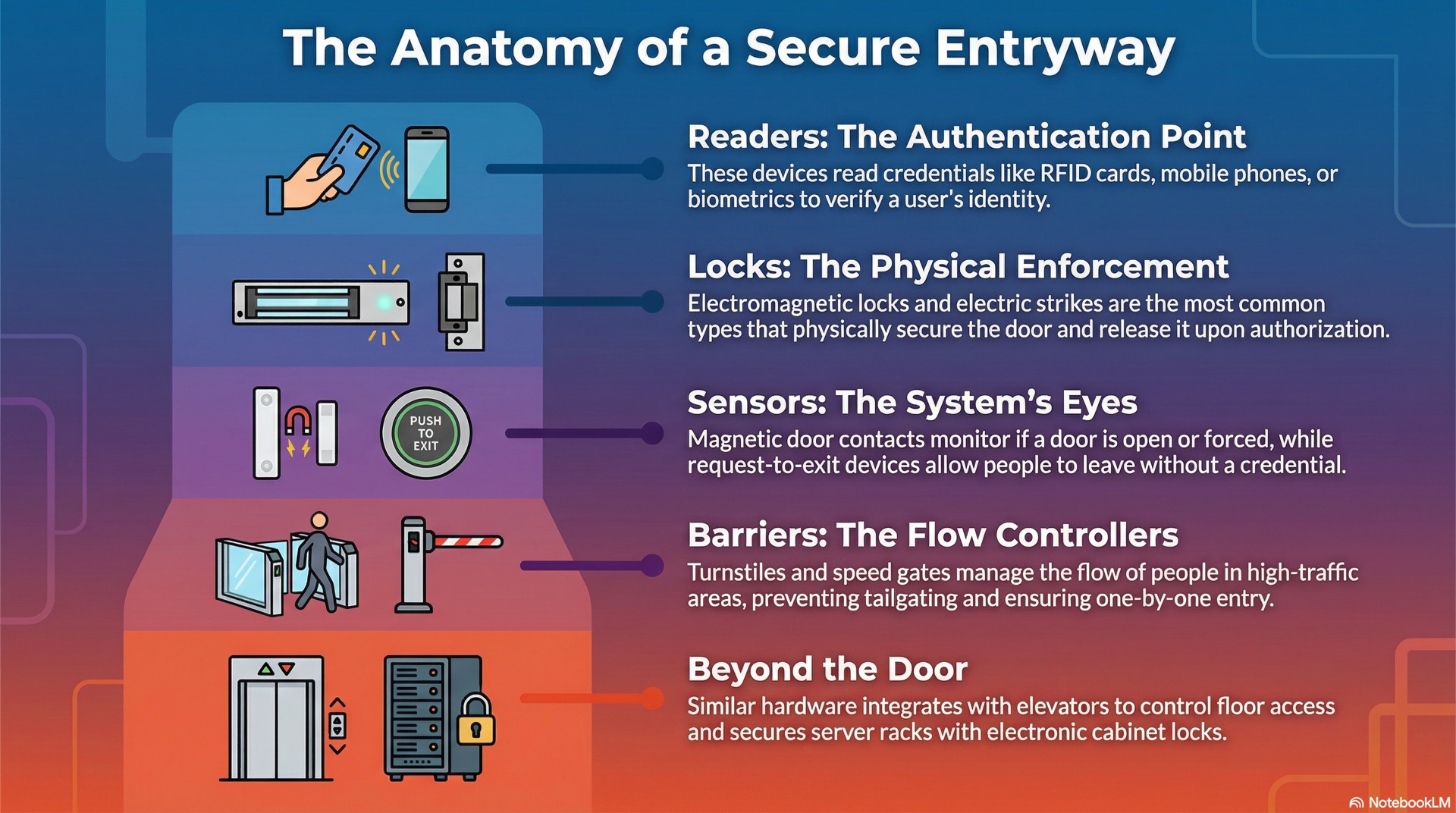 Door hardware used in access control including readers, locks, sensors, turnstiles and gates, plus practical factors to weigh when selecting equipment.