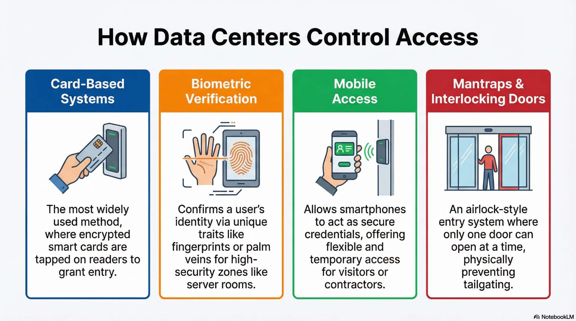 Card readers, biometric verification, mobile access, and mantraps form layered access control methods suited to data center security needs.