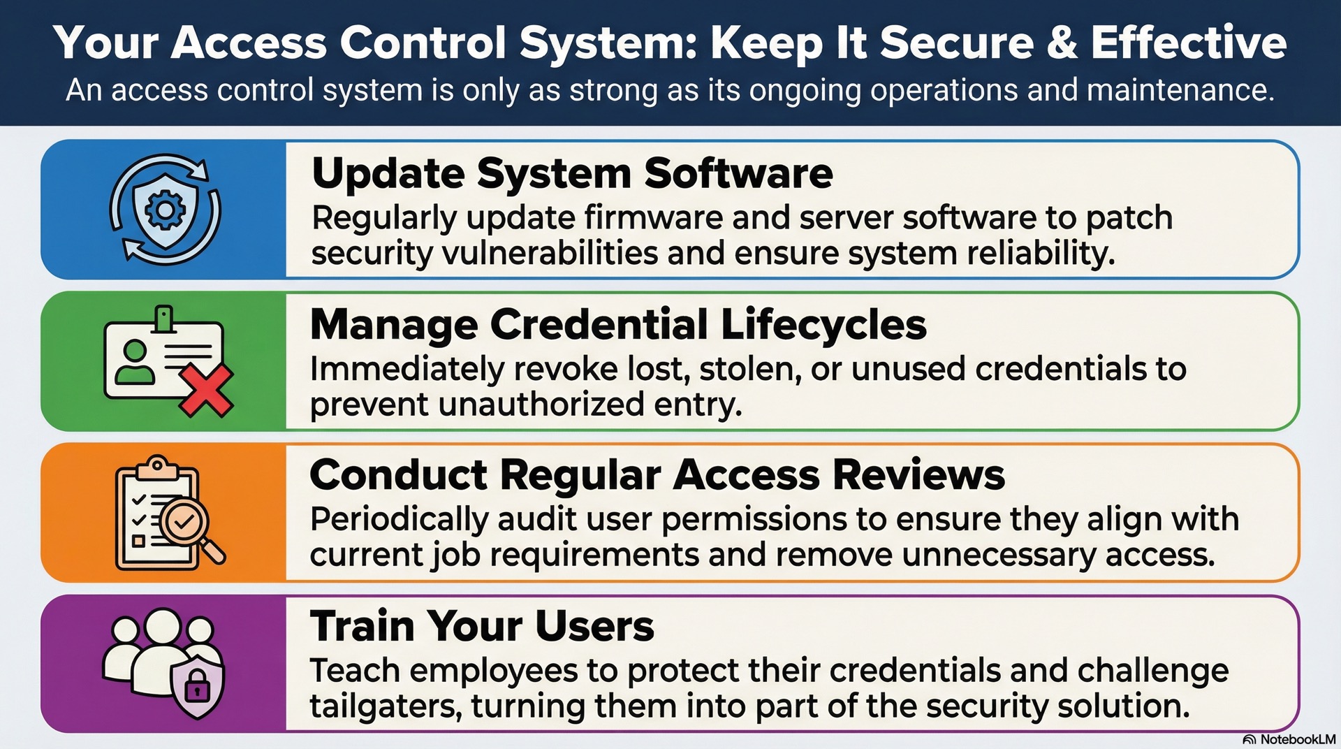 Daily access control operations, credential changes, audits, backups, firmware updates and incident handling to keep security reliable over time.