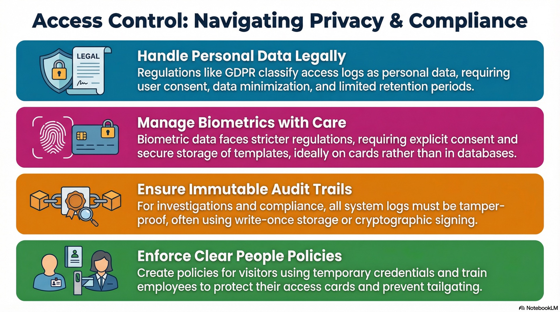 Privacy, policy and compliance in access control, including biometrics, data protection, audit logs, retention rules and regulatory obligations.