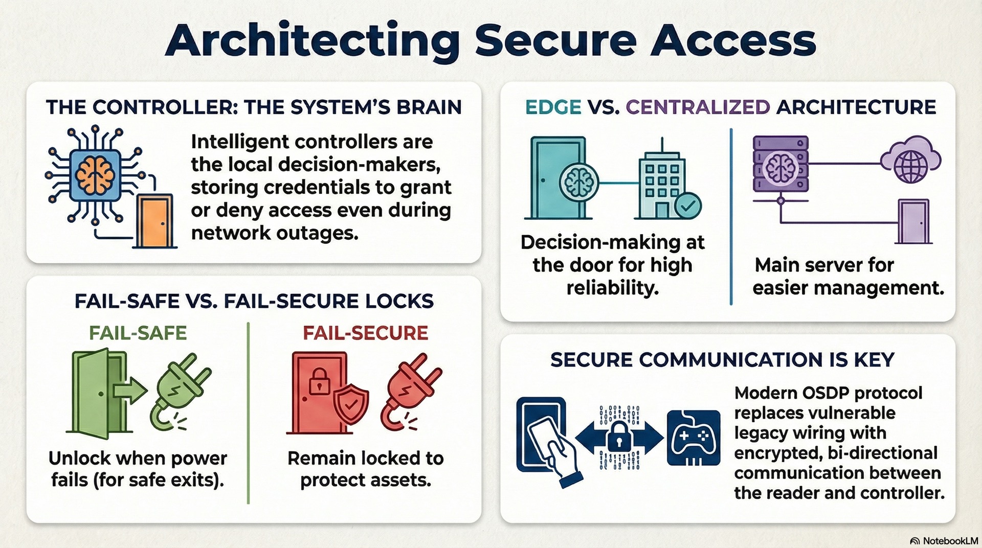 Access control architecture linking readers, controllers, locks and software, with design choices that influence security, resilience and scalability.