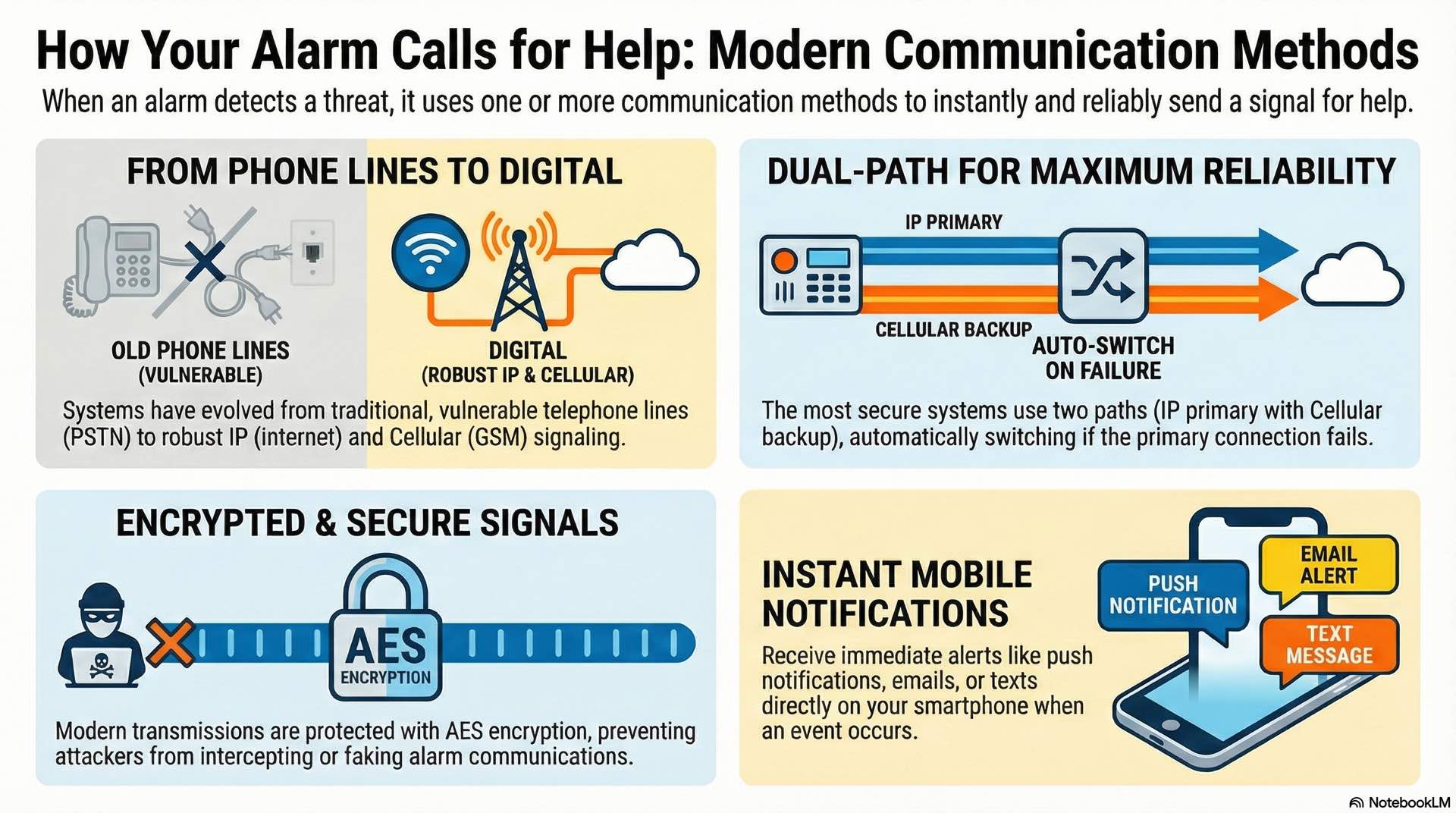 Communication paths including PSTN, GSM, IP, and radio links are outlined with emphasis on event reporting and remote monitoring procedures.