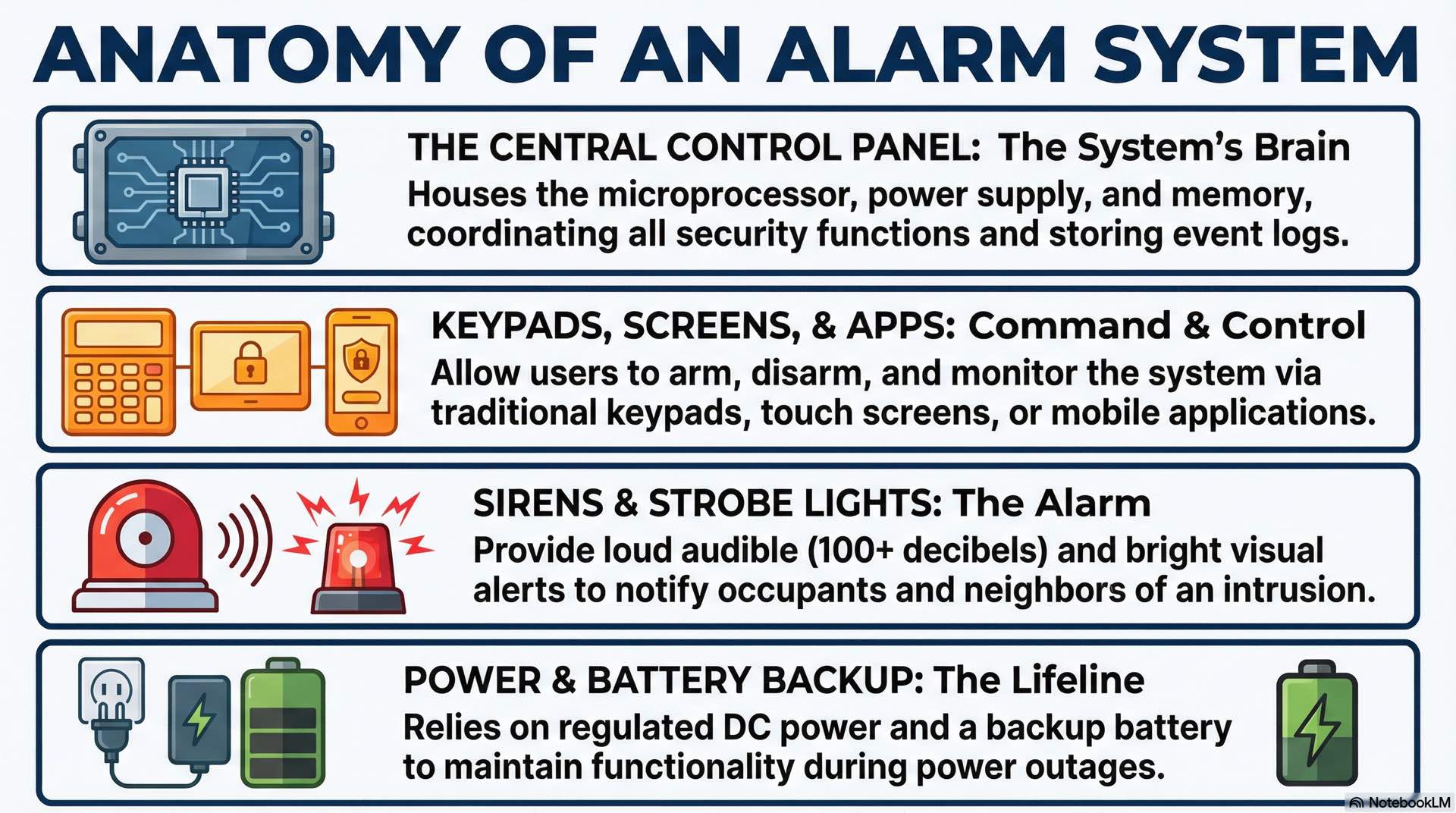 Security hardware components such as control panels, keypads, sirens, strobes, and power units are described by operation and system roles.