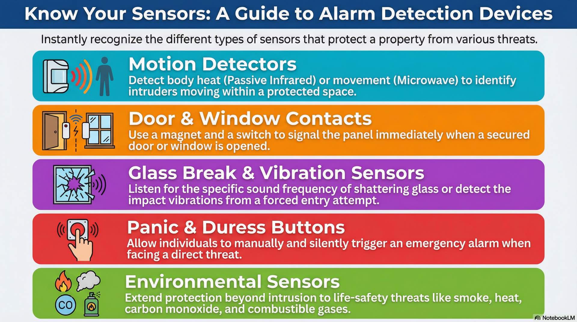 Detection devices including motion sensors, magnetic contacts, glass break units, panic devices, and environmental sensors are defined by function and application.