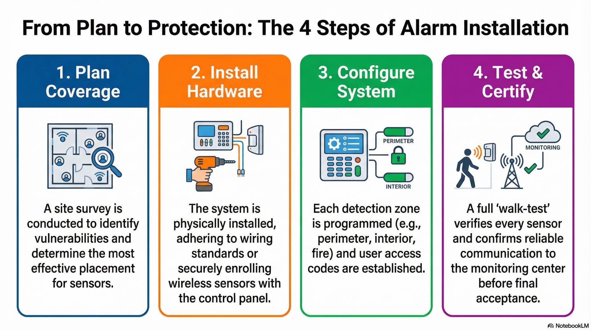 Installation workflow details sensor placement, wiring or enrollment steps, system configuration, and testing procedures.