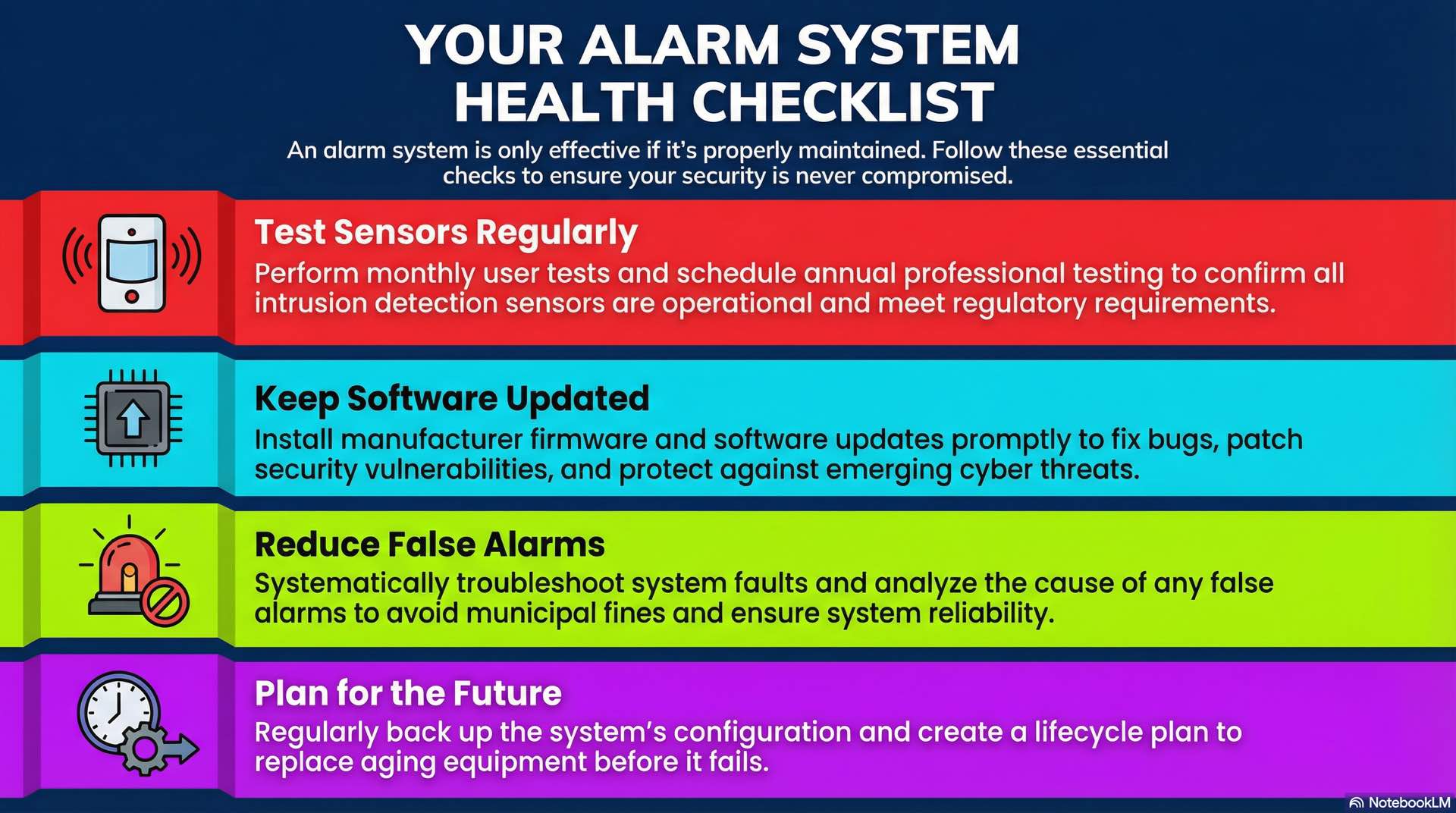 Maintenance processes address sensor testing, software updates, fault diagnosis, false alarm reduction, and backup routines.