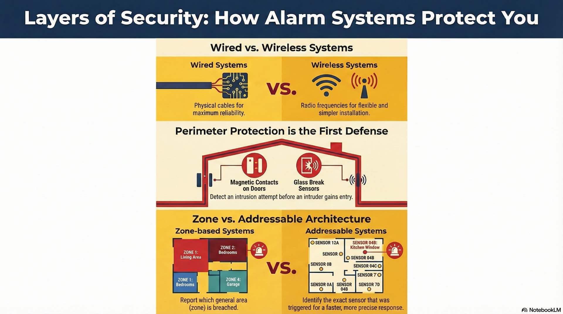 Intrusion protection methods compare wired, wireless, and burglar technologies while detailing zone-based and addressable system formats.