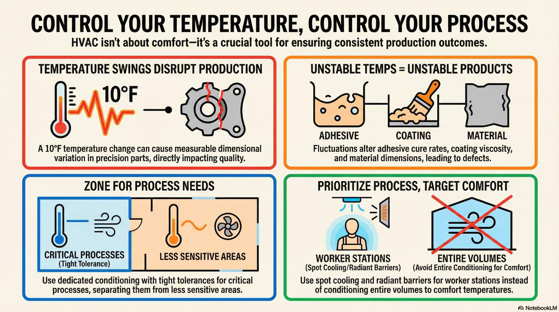 Temperature control in industrial HVAC systems maintains consistent conditions for equipment and materials, reducing quality risks caused by heat fluctuations.