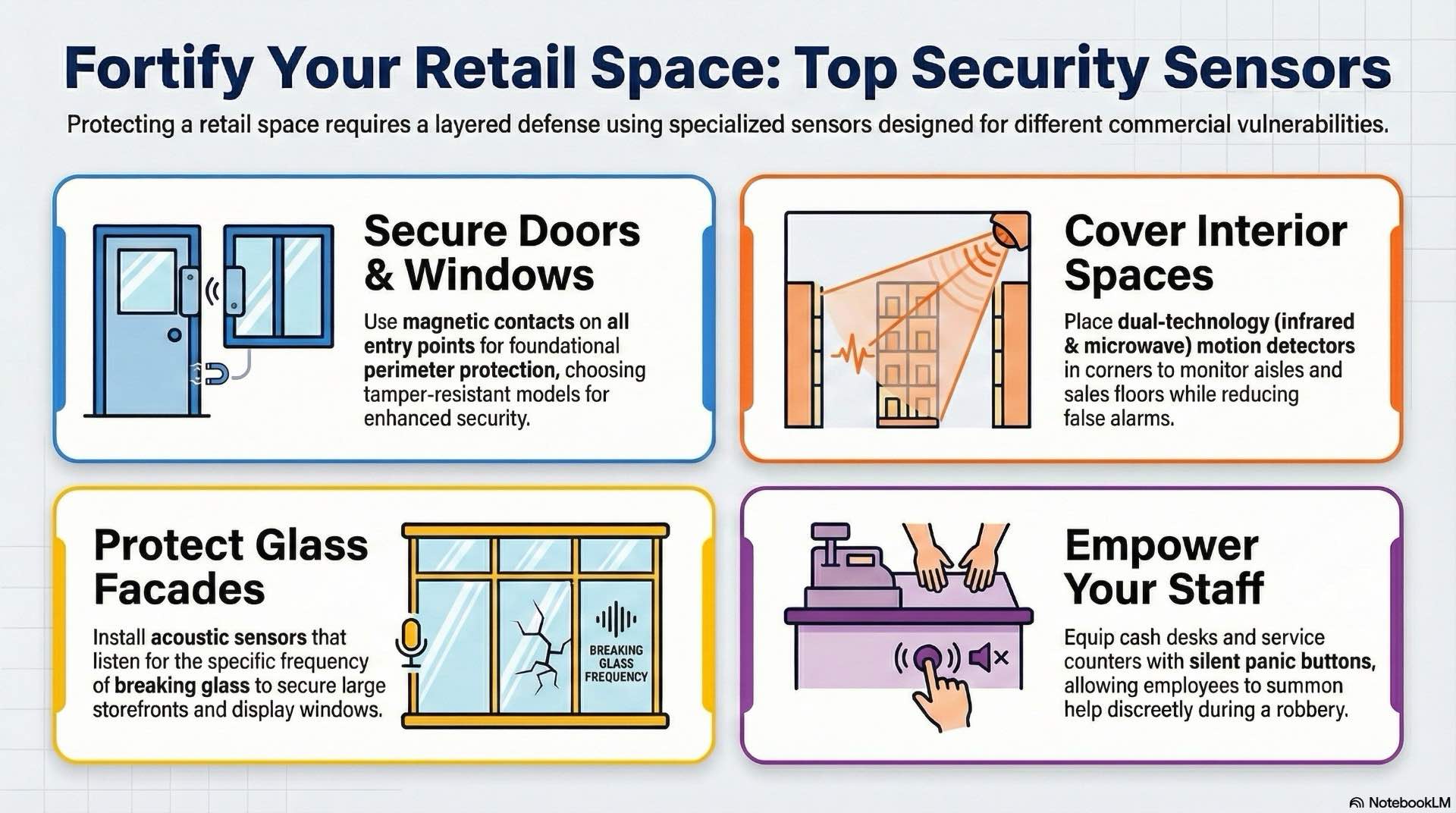 Comparison of key burglar alarm sensors and devices for retail, showing which options suit entrances, sales floors, stockrooms and displays.