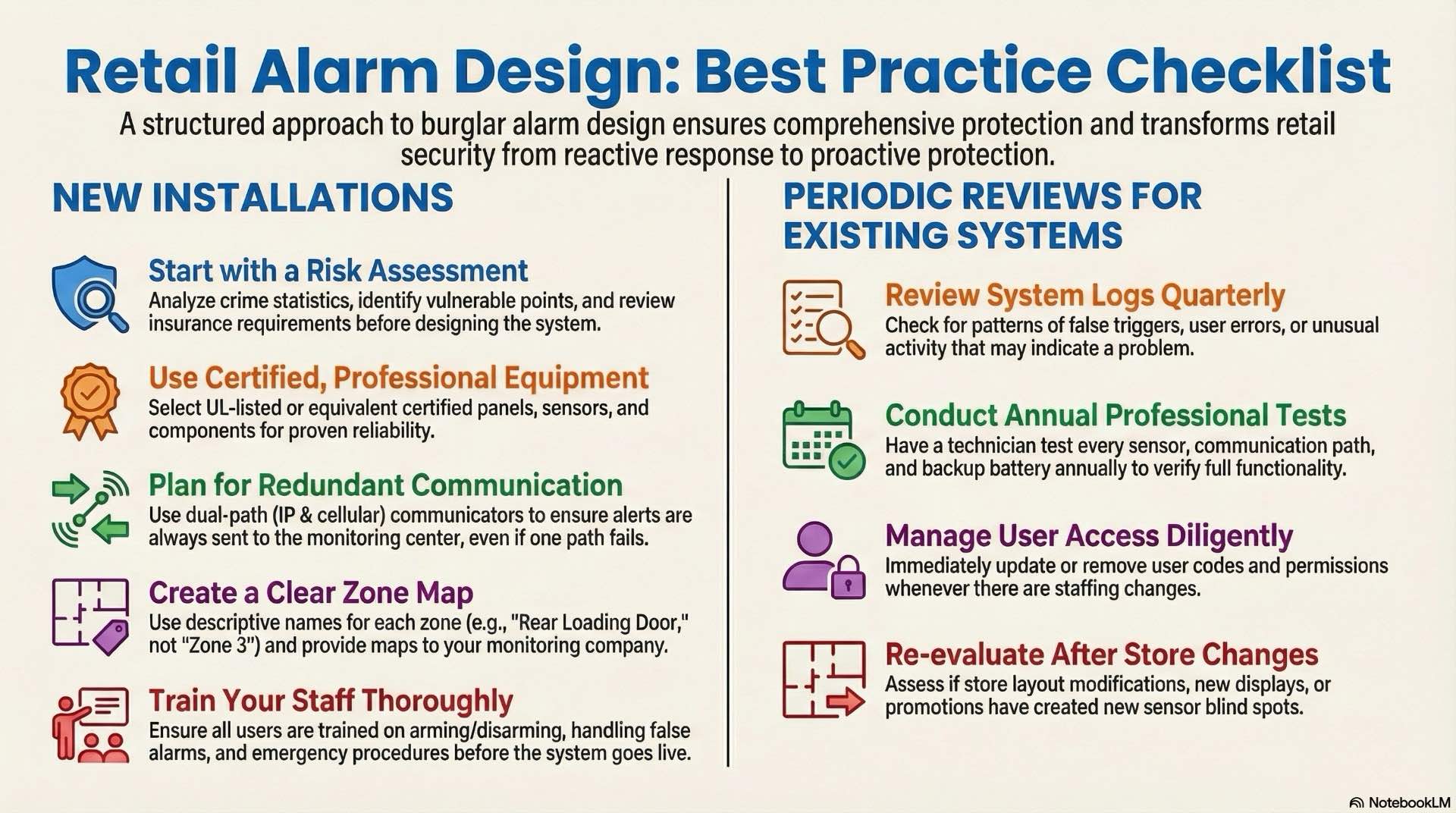 Concise best practice checklist that helps review burglar alarm design, from first store layout to ongoing improvements in retail security.