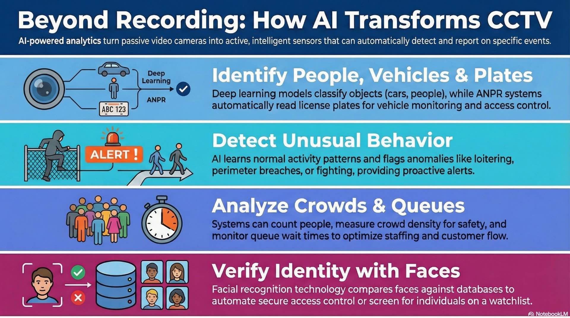 Video analytics and AI turn raw CCTV camera streams into alerts and dashboards, helping teams spot intrusions, track vehicles and understand how people move through a site.