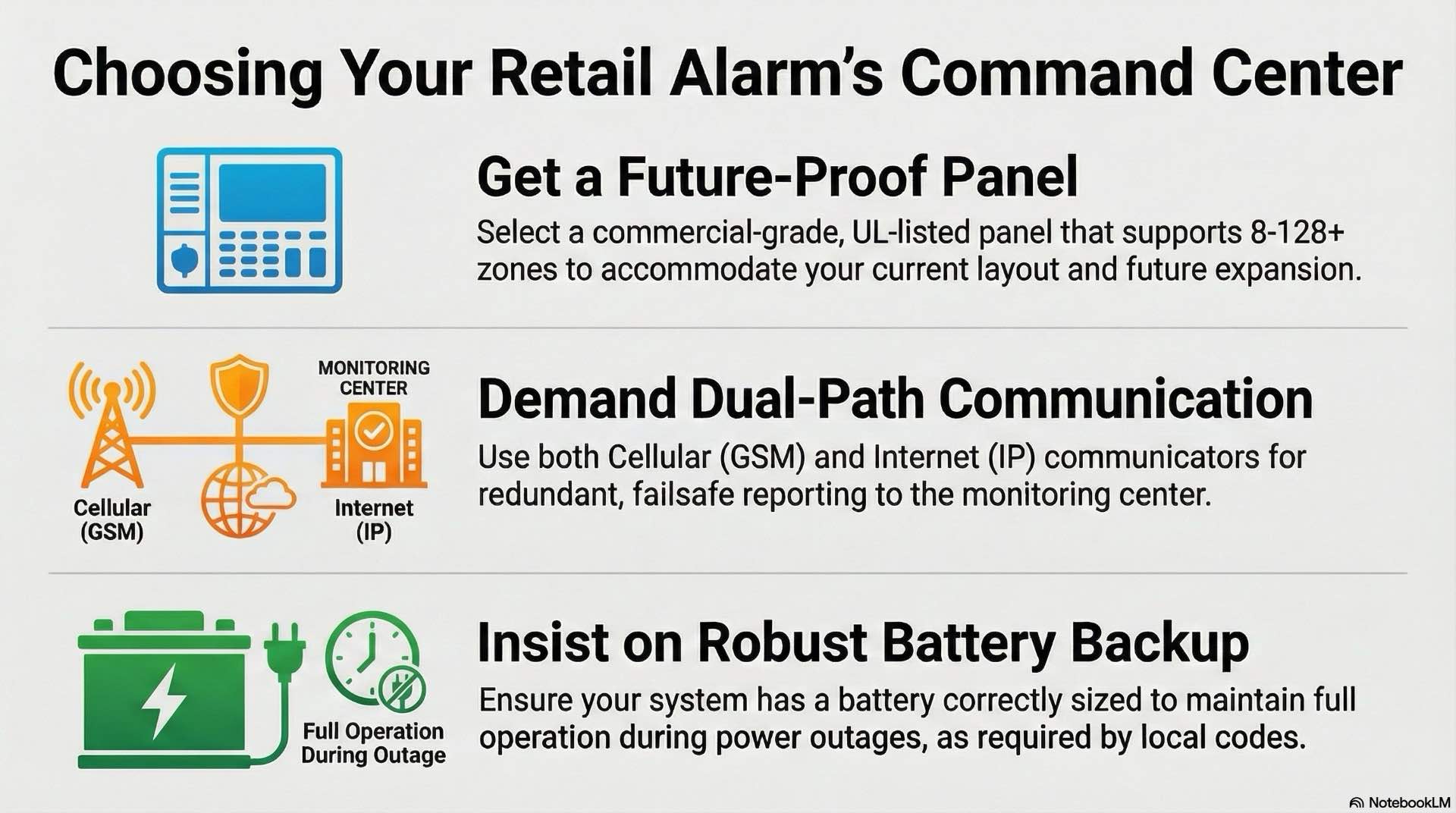 Advice on selecting a burglar alarm control panel and communication path that support multi-zone retail security and reliable monitoring.