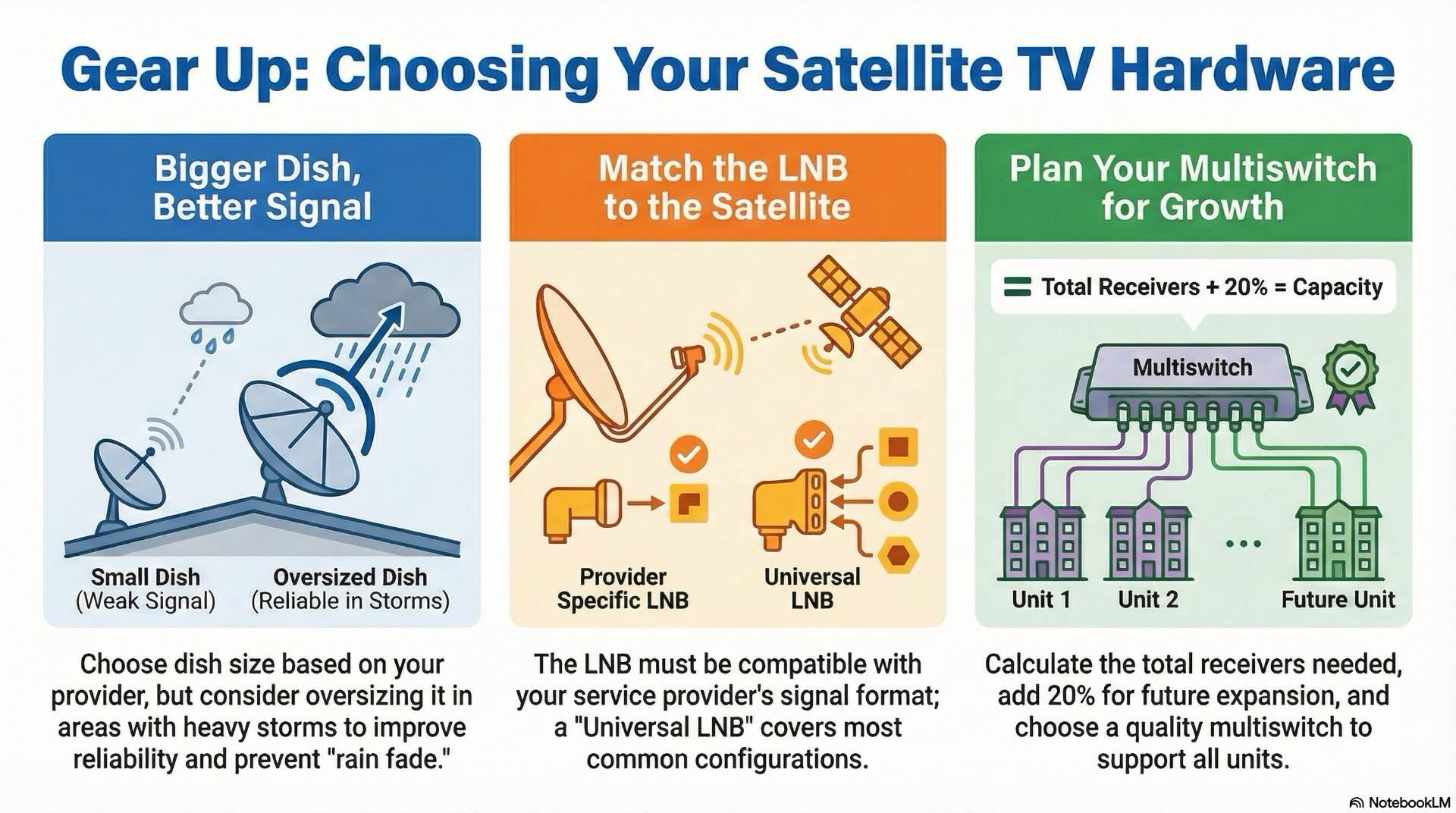 Dish size, lnb type and multiswitch capacity are matched to satellite choice, cable runs and apartment count for reliable tv signal.